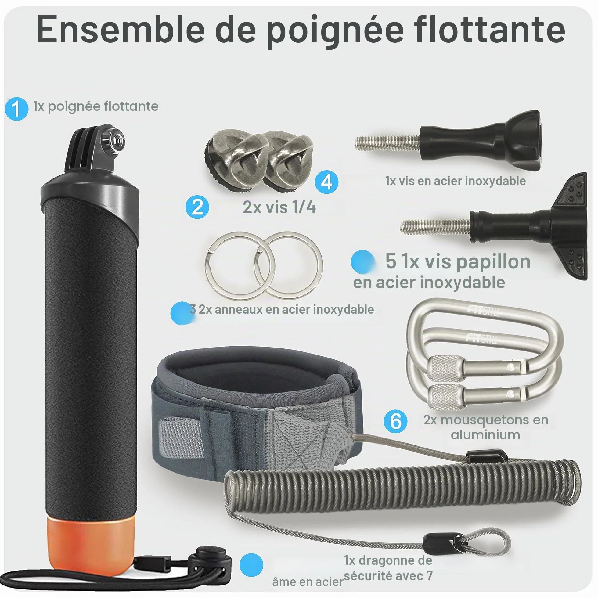 FitStill Monopode étanche avec poignée flottante + corde en acier Cored de sécurité pour caméras d'action Go Pro Hero Session DJI Osmo plongée sous-marine Selfie Stick