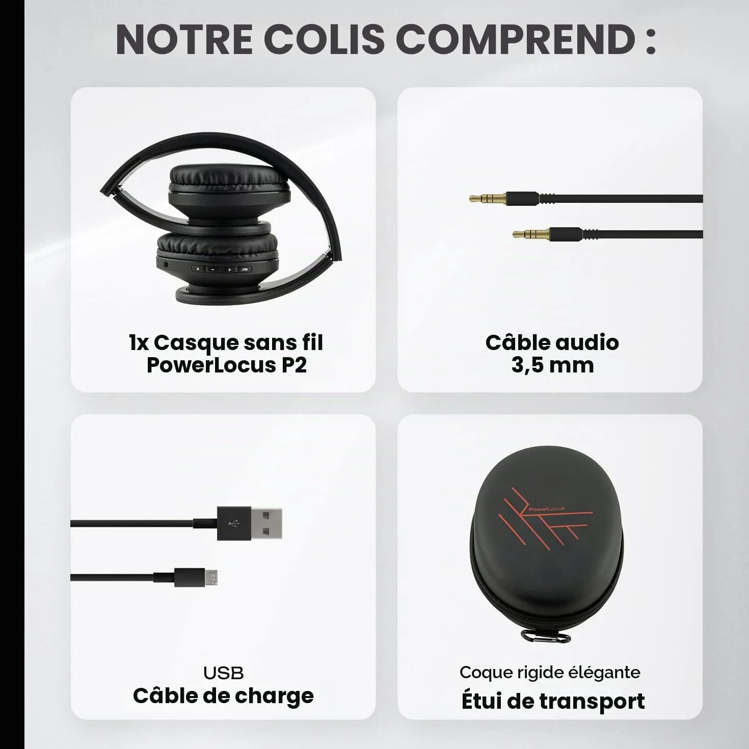 PowerLocus Casque Bluetooth Audio stéréo Pliable sans Fil et Filaire avec Micro intégré, Micro SD/TF, FM pour iPhone/Wiko/Samsung/iPad/PC (Noir)