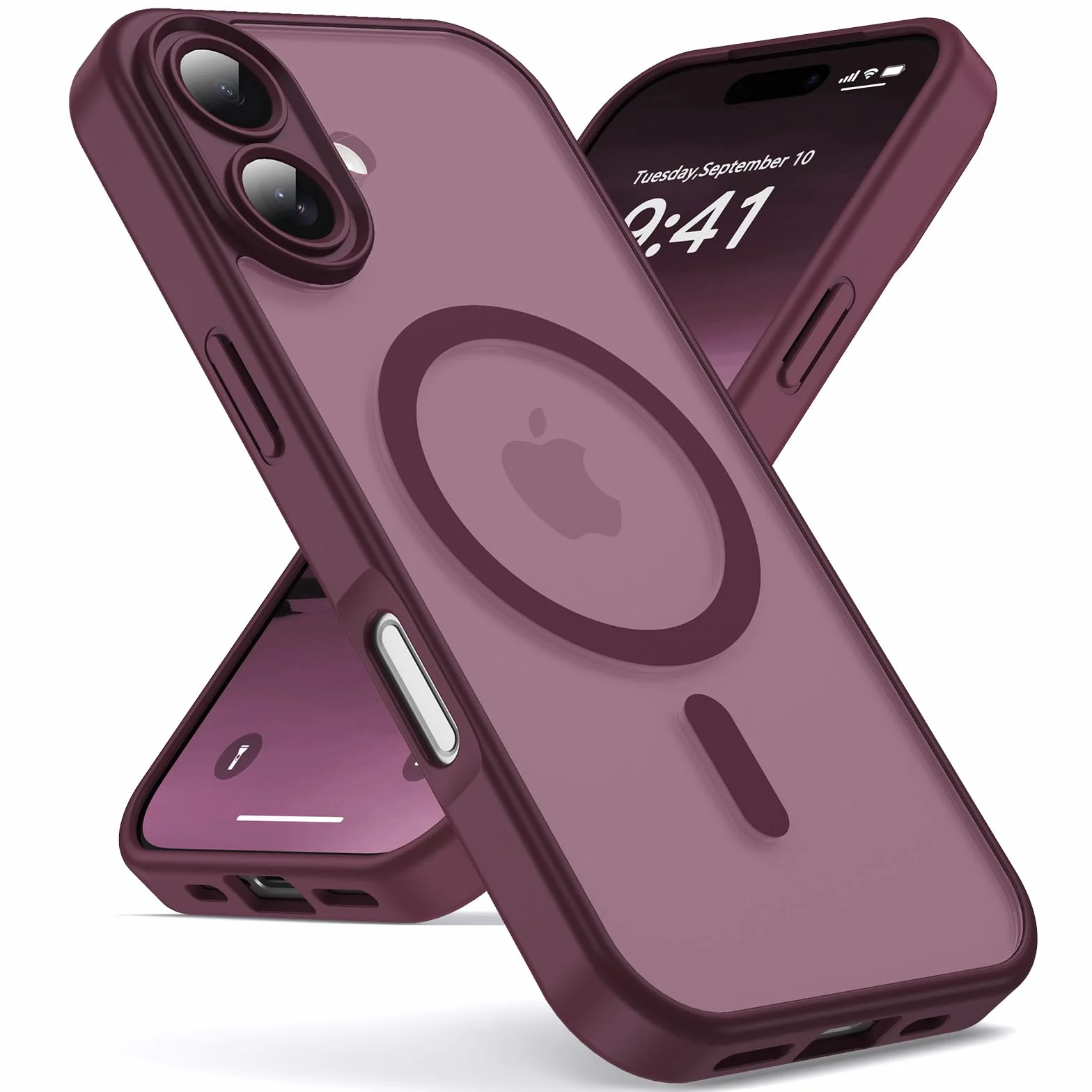 Oududianzi-Coque pour iPhone 17 Compatible avec MagSafe Magnétique, Housse de Arrière Translucide Givrée PC, TPU Silicone Bumper Étui Protection Antichoc Militaire Anti-Empreintes-Bordeaux