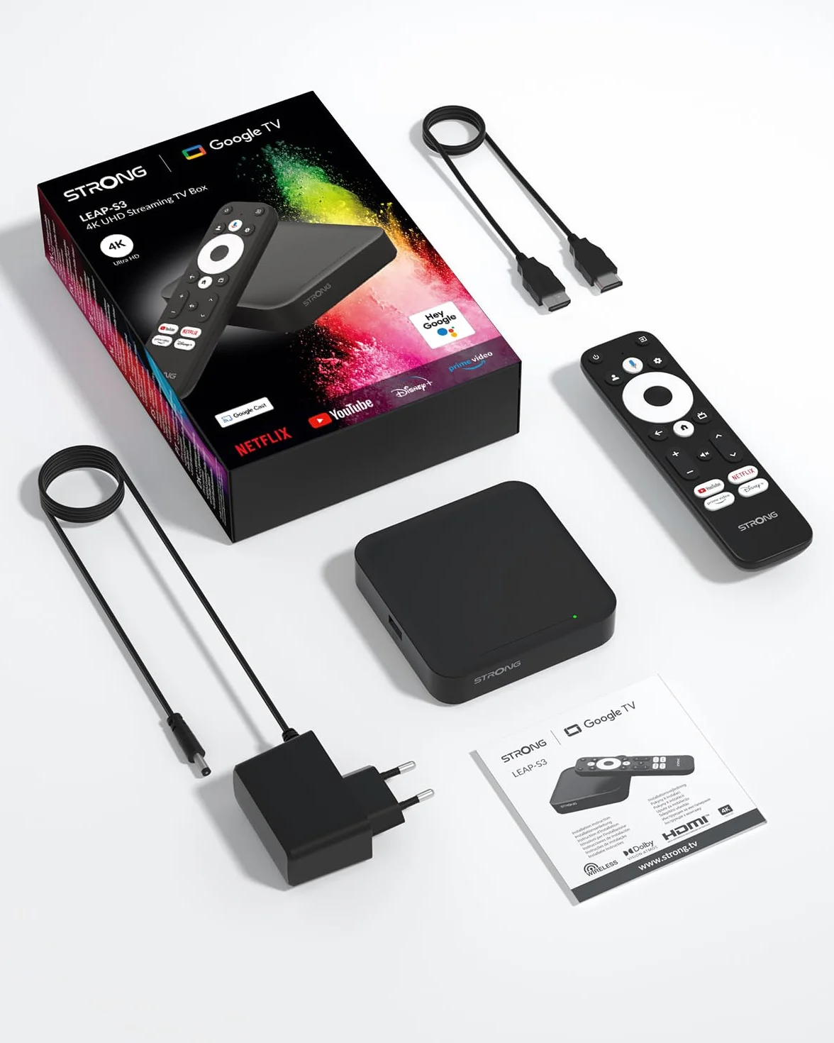 STRONG Leap-S3 Streaming Box Google TV 4K UHD avec Port Ethernet, 2GB RAM + 16GB Stockage, Chromecast Intégré, WiFi, Assistant Google Vocal, HDR10+, Dolby Audio & Dolby Vision