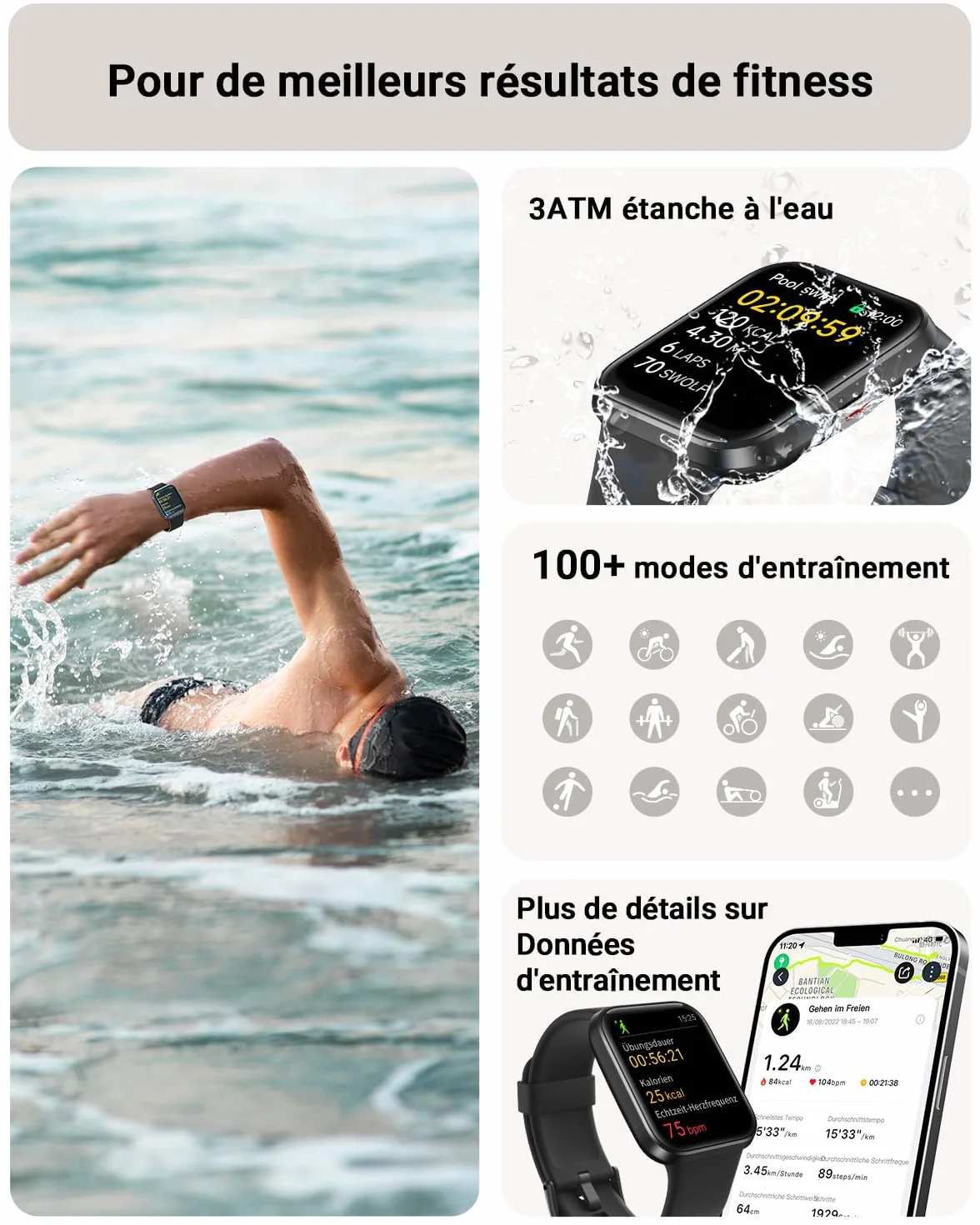 Montre Connectée Homme, 1,85" Femme Smartwatch pour Samsung iPhone Android, Alexa intégrée 3ATM 100+ Modes Sportifs Moniteur de SpO2/Sommeil/Fréquence Cardiaque/Podometre/Calories Noir
