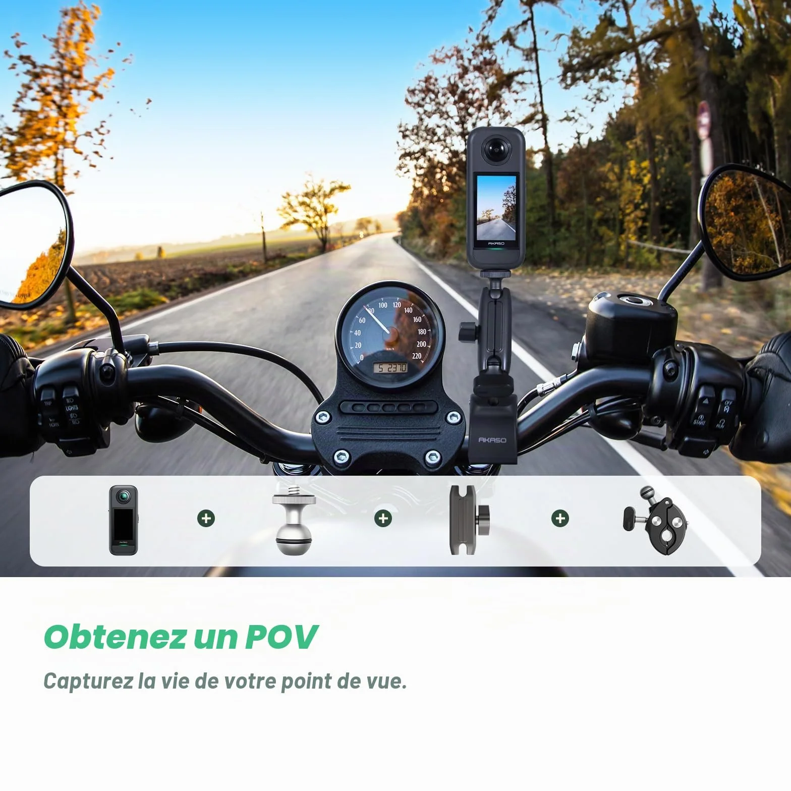 AKASO 360 Kit Moto pour Caméra d'action, Camera Sport à 360° avec Carte Mémoire 128 Go, 5.7K 360 Vidéo, 72MP Photo, SuperSmooth, 2.29" Écran Tactile, Effet Selfie Stick Invisible, Horizon 360° Lock