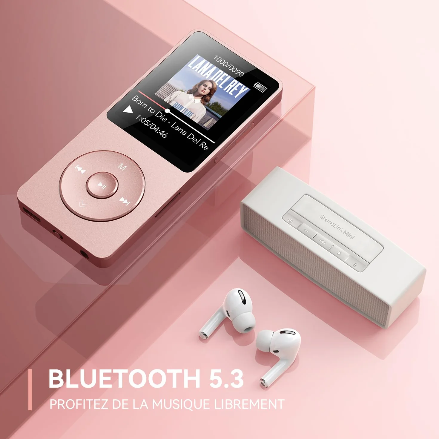 AGPTEK Lecteur MP3 Bluetooth 5.3 64Go Baladeur Portable HiFi 70H Autonomie Radio FM Or Rose