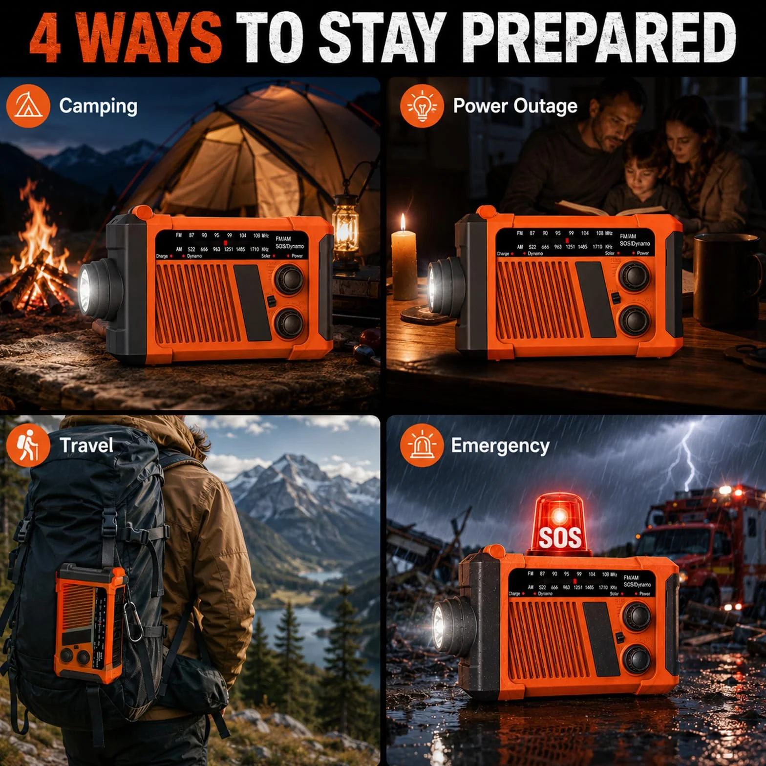 Radio d'urgence solaire à manivelle 2000 mAh AM/FM SOS Lampe LED Charge USB Camping