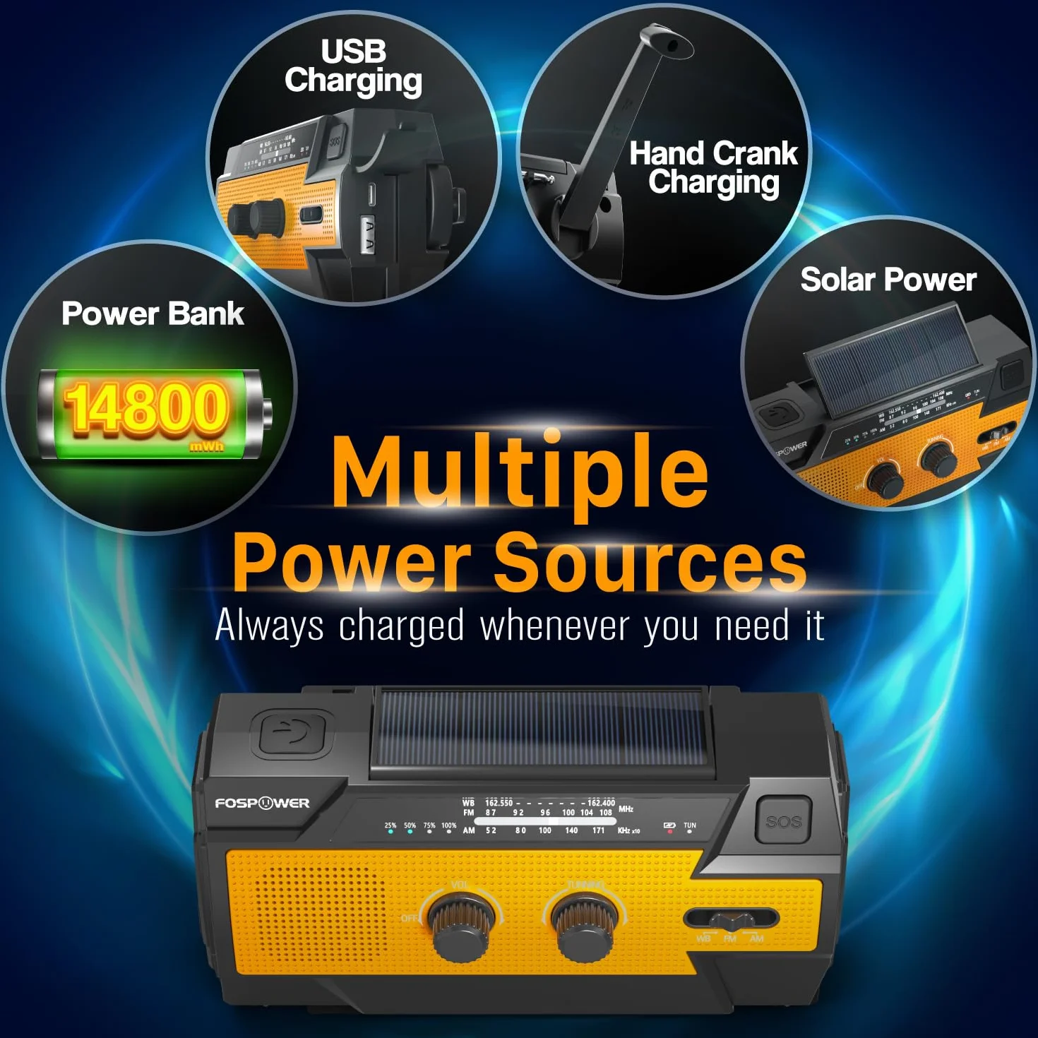 FosPower Radio d'urgence Météo 4000mAh A3 Solaire Manivelle Piles AM/FM Lampe LED Alarme SOS Orange