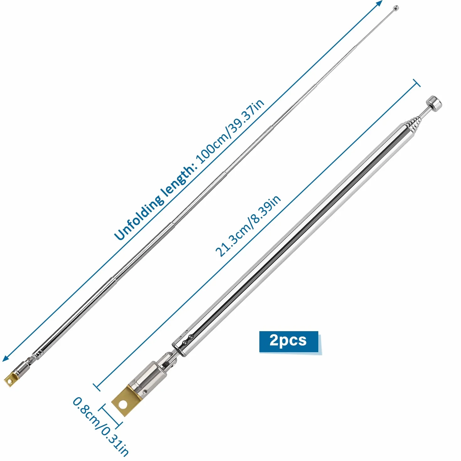 VooGenzek 2 Pièces 100cm 7 Sections Antenne Télescopique, Antenne Télescopique Portable FM, Antennes Radio FM Télescopiques Portables, pour TV Dab AM/FM Réception Stéréo