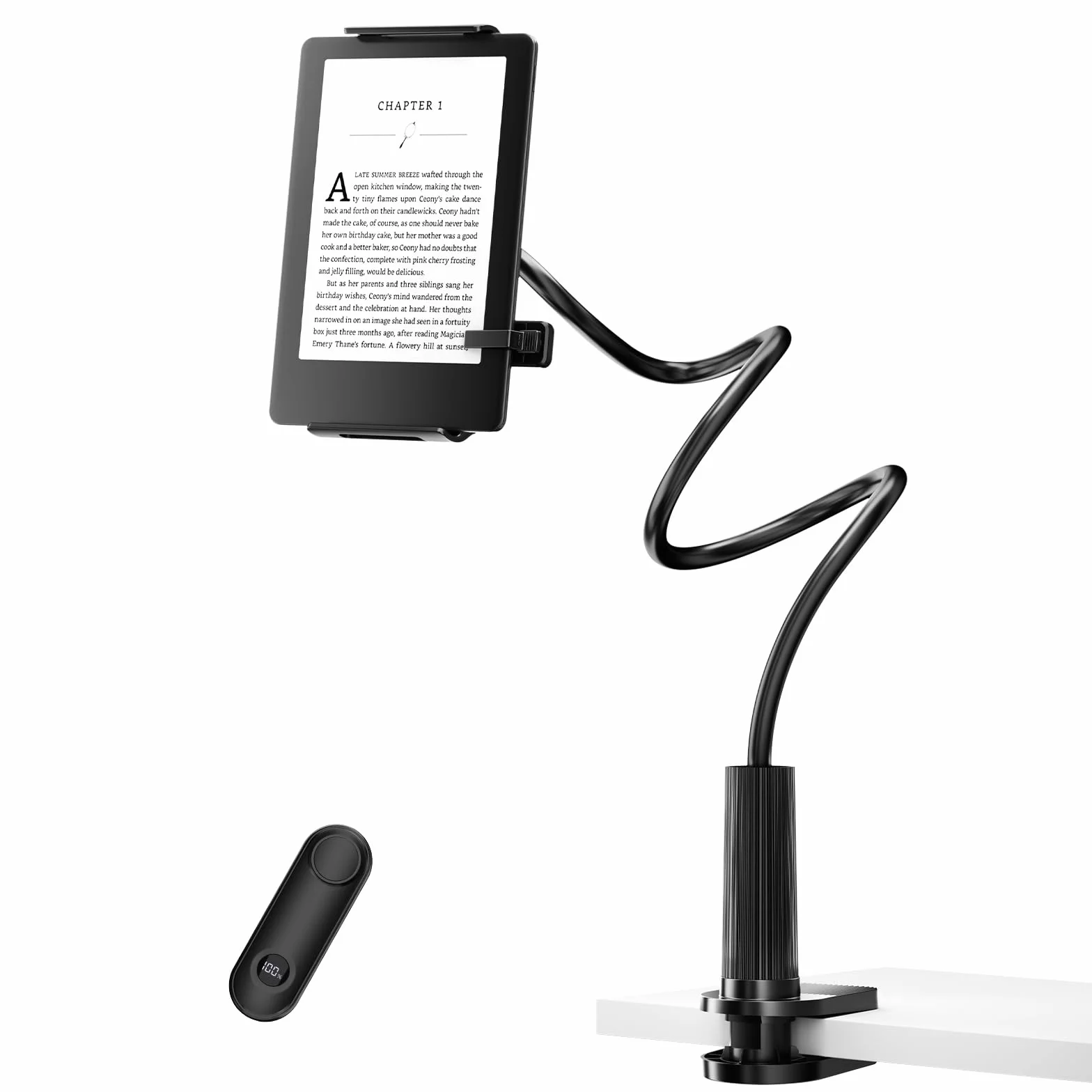 Support Kindle avec tourne-page à distance, support de lecture pour lit, bureau avec clic, pour Kindle Paperwhite, Oasis, iPad, iPhone et plus encore, tourne-page noir
