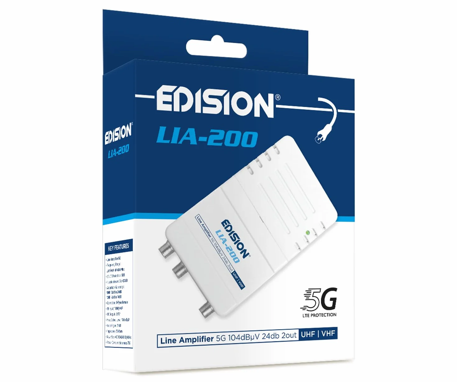 EDISION LIA-200 Amplificateur Antenne TV TNT intérieur UHF/VHF 12-24dB Réglable 104dBmV DVB-T/T2 Filtre 5G LTE 1 entrée 2 Sorties