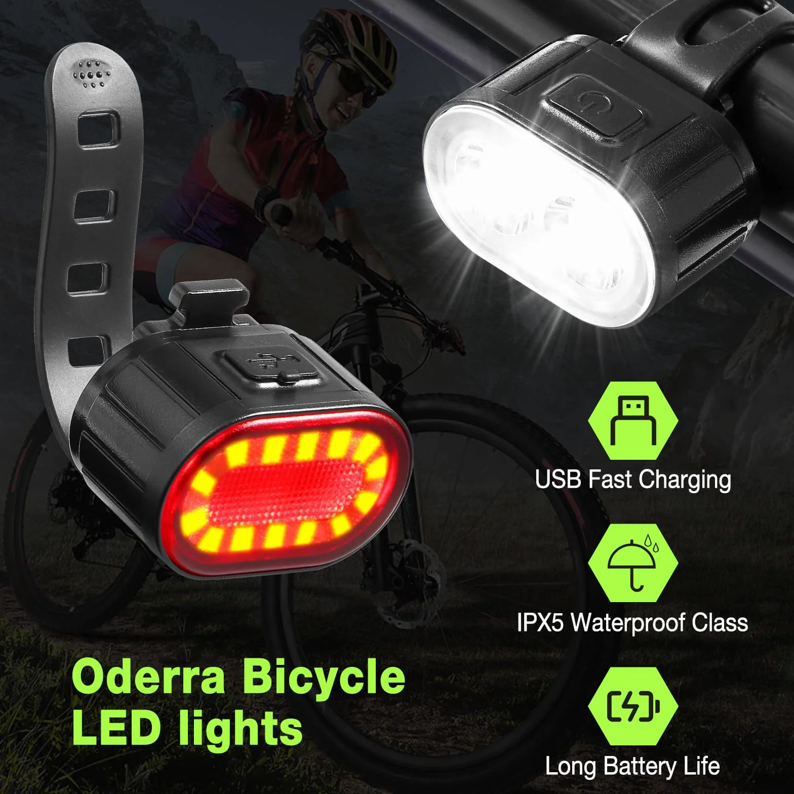 Oderra Lumiere Velo Avant et Arrière Lampe Velo LED Puissante Rechargeable USB 4/6Modes Étanche IPX4 Autonomie Prolongée pour VTT Vélo Skateboard
