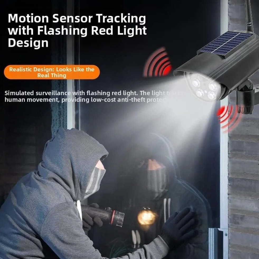 Fausse caméra de sécurité à énergie solaire avec détection de mouvement, rotation à 360°, caméra de surveillance factice pour extérieur, leurre résistant aux intempéries avec lumière rouge clignotante