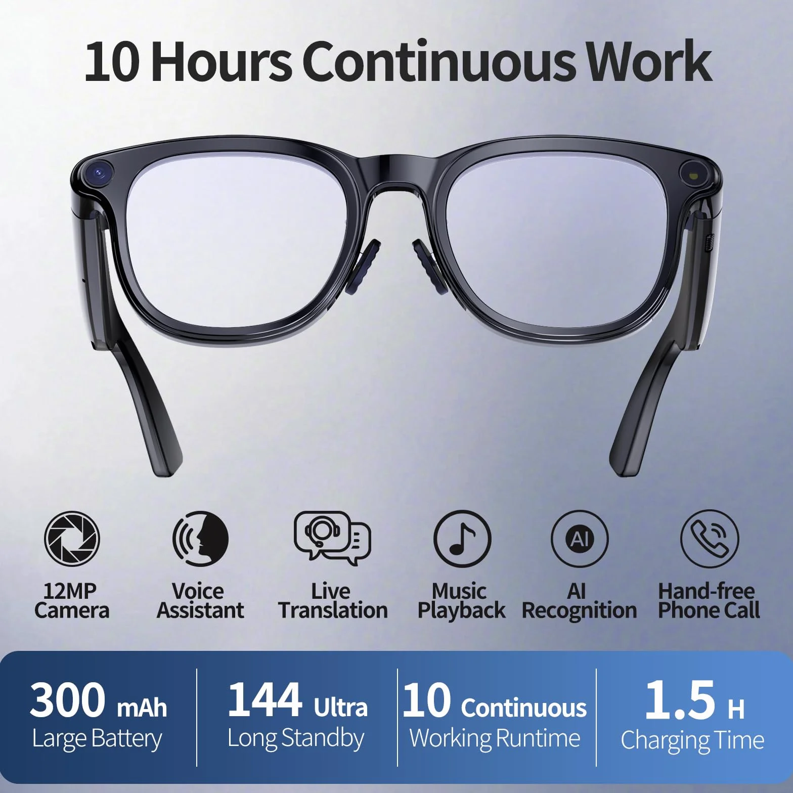 Lunettes intelligentes AI avec caméra 4K, lunettes Bluetooth anti-secousses de 8 MPW, enregistrement vidéo 1080p, réduction du bruit, traduction en temps réel et interprétation simultanée