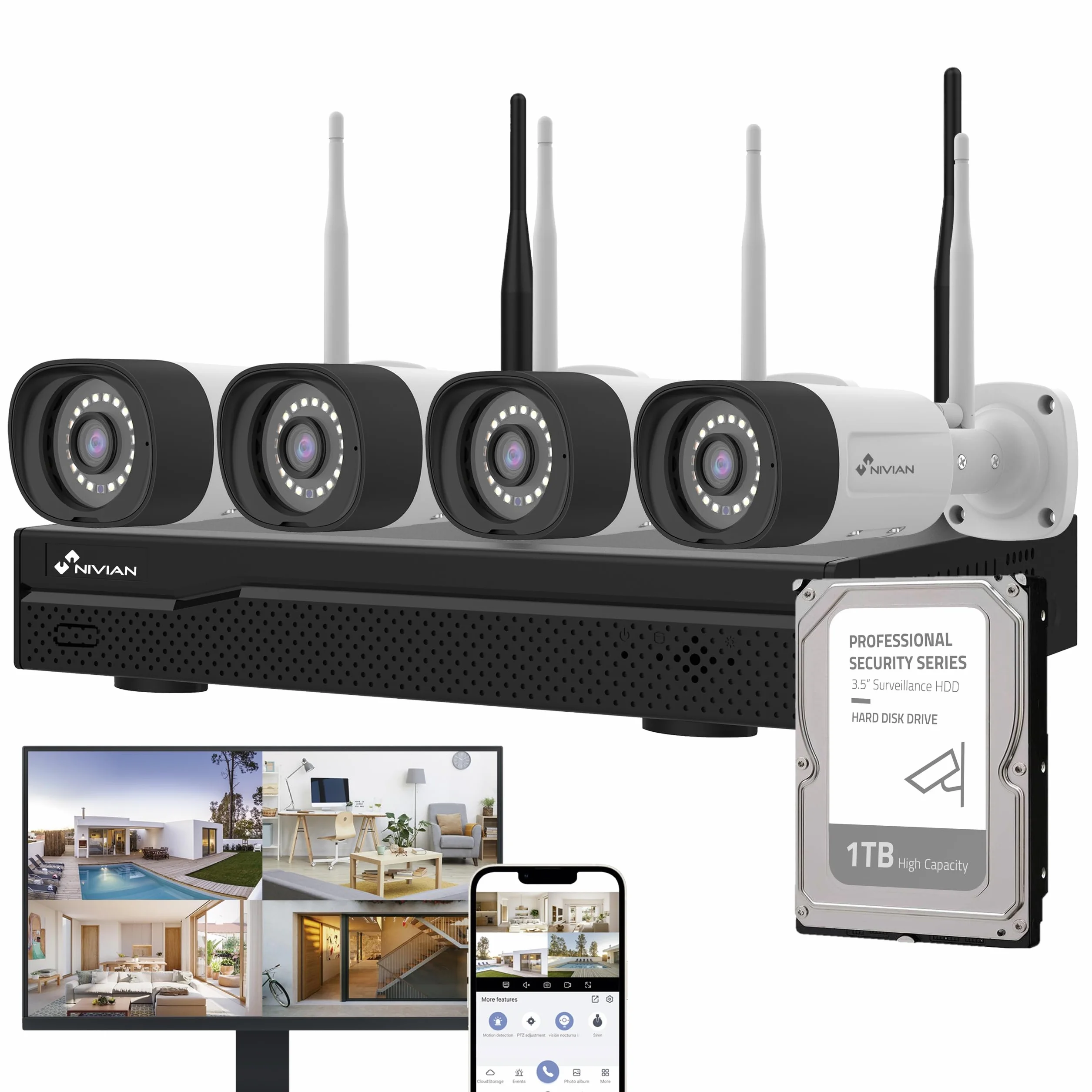 NIVIAN, Kit Caméras de Surveillance WiFi 2K Professionnel avec 4 Caméras IP, NVR 10 Canaux, Images Super HD, Détection Humaine IA, Vision Nocturne, Audio, HDMI, App EseeCloud, Enregistrement HDD
