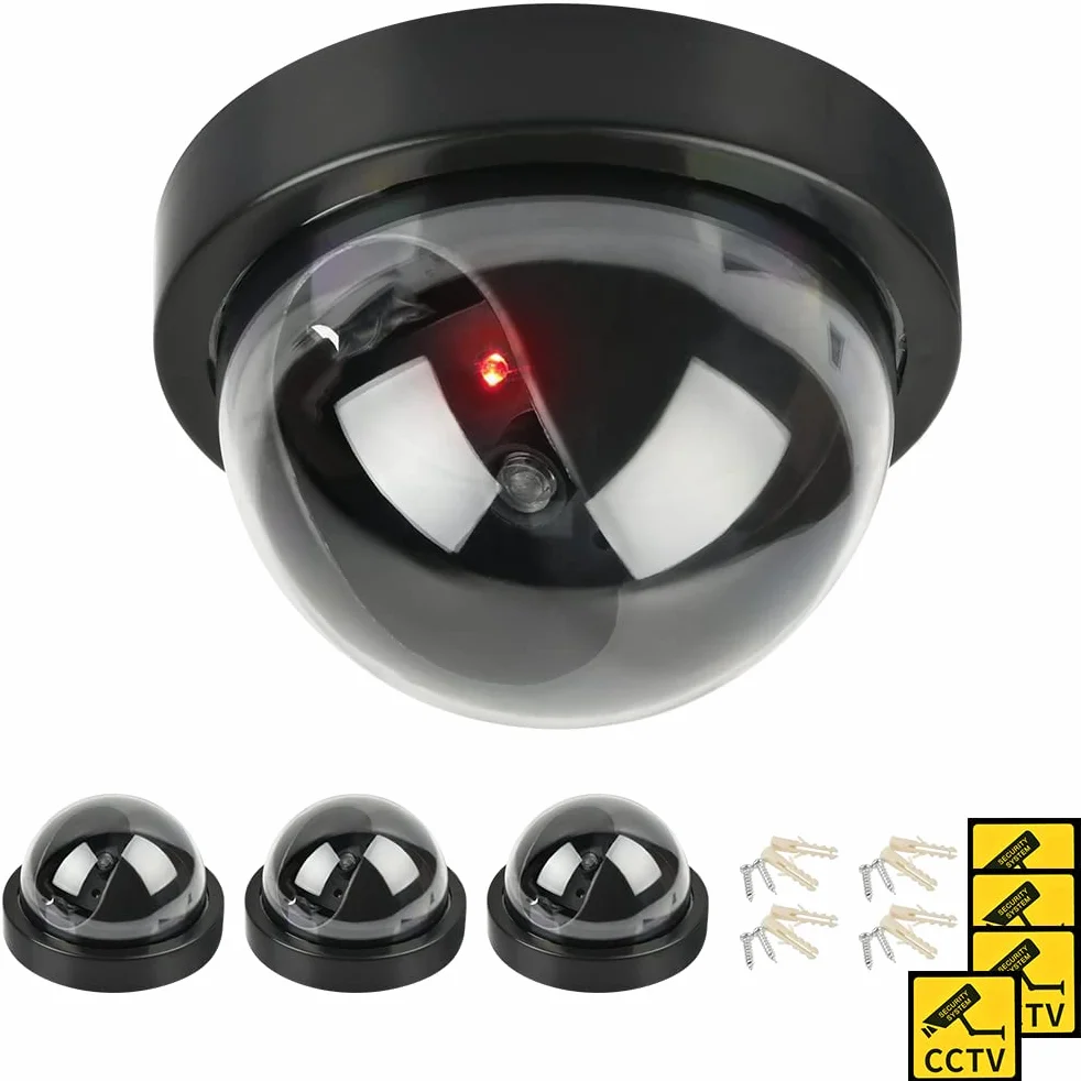 Lot de 4 Camera Factice, Fausse Camera Surveillance Exterieur & Intérieure, Fausse de Sécurité Caméra Dôme CCTV avec LED Clignotant Lumière pour Les Entreprises Magasins Accueil