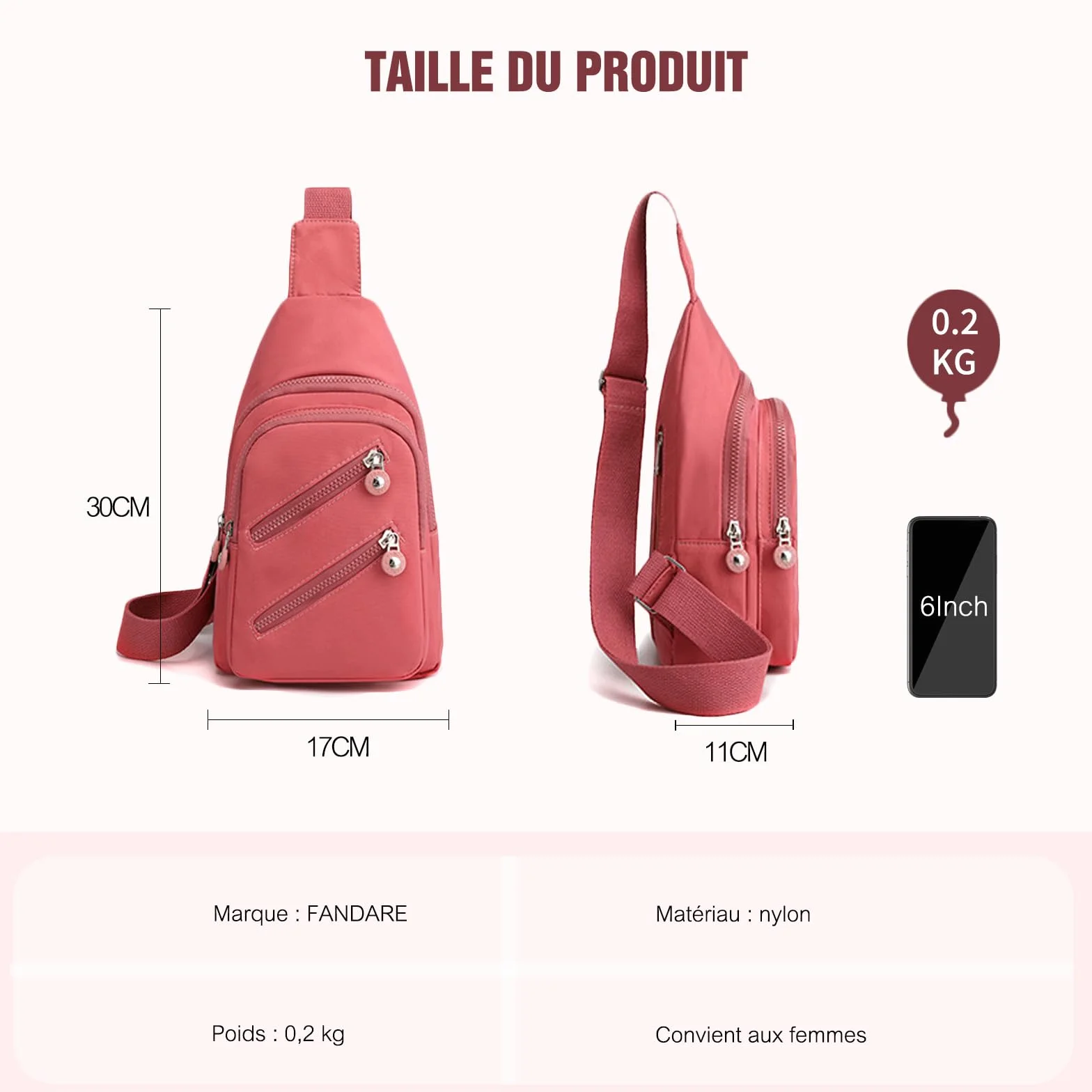 FANDARE Sac à poitrine Femme Bandoulière Sacoche traversante avec trou pour écouteurs Sac messager Outdoor