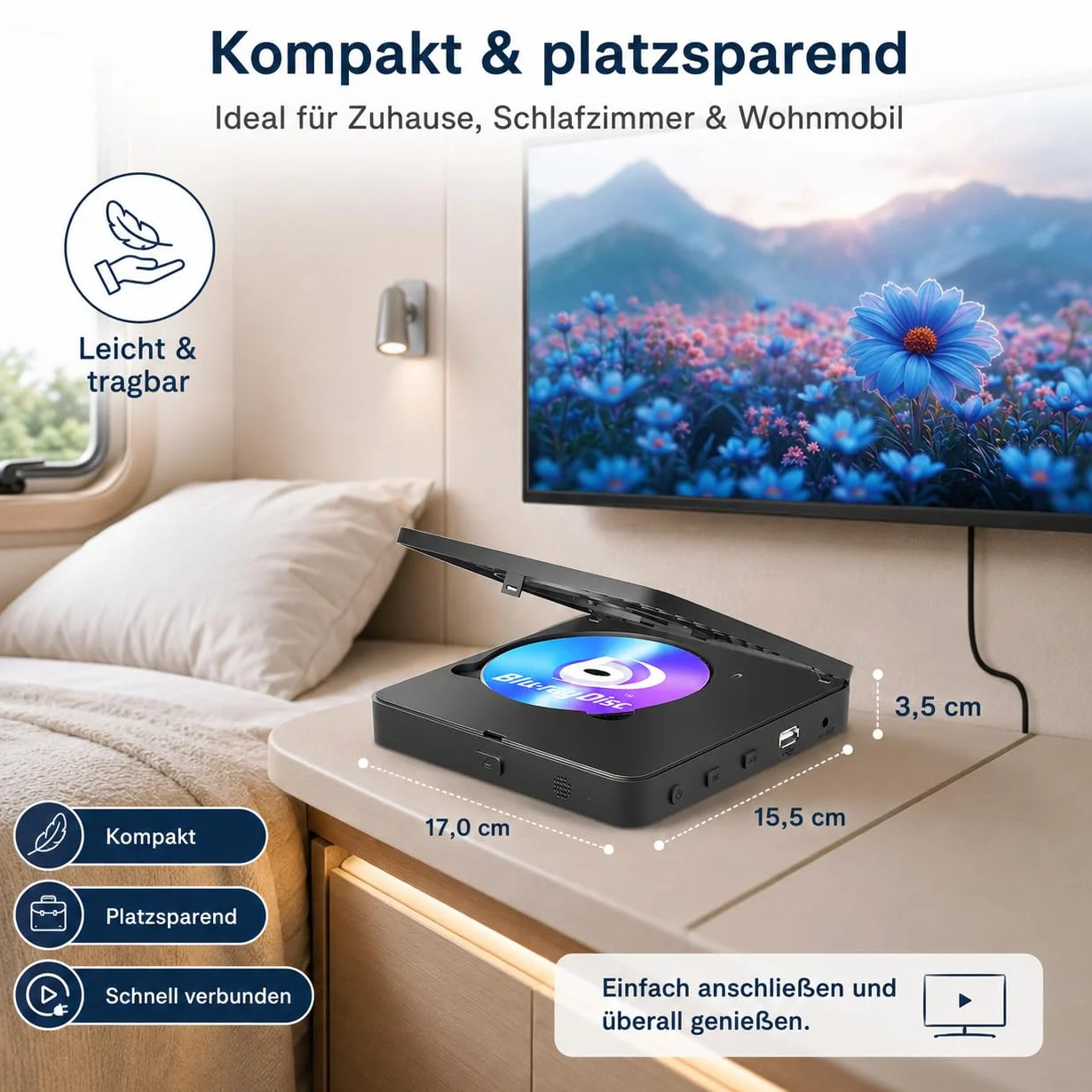 Lecteur Blu Ray 1080P Blu Ray pour home cinéma - Lecture de tous les DVD et région B 2 Blu Rays - Prise en charge d'une clé USB 128 Go avec sortie HDMI et AV - Convertisseur PAL NTSC et câble de