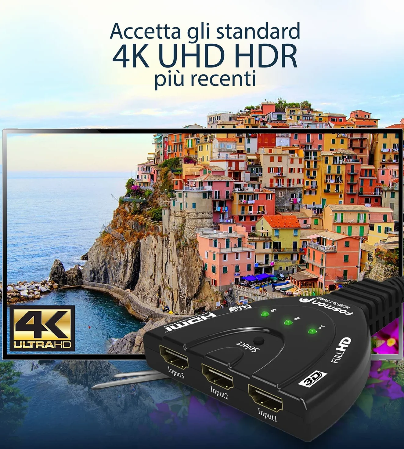 Fosmon Commutateur HDMI Automatiques 4k, 3 Entrées 1 Sortie HDMI Switch - UHD HDR 3D 1080p HDCP, Splitter Switcher Répartiteur Sélecteur Auto pour HDTV Lecteurs DVD Blu ray PS4 Xbox Apple Fire Roku