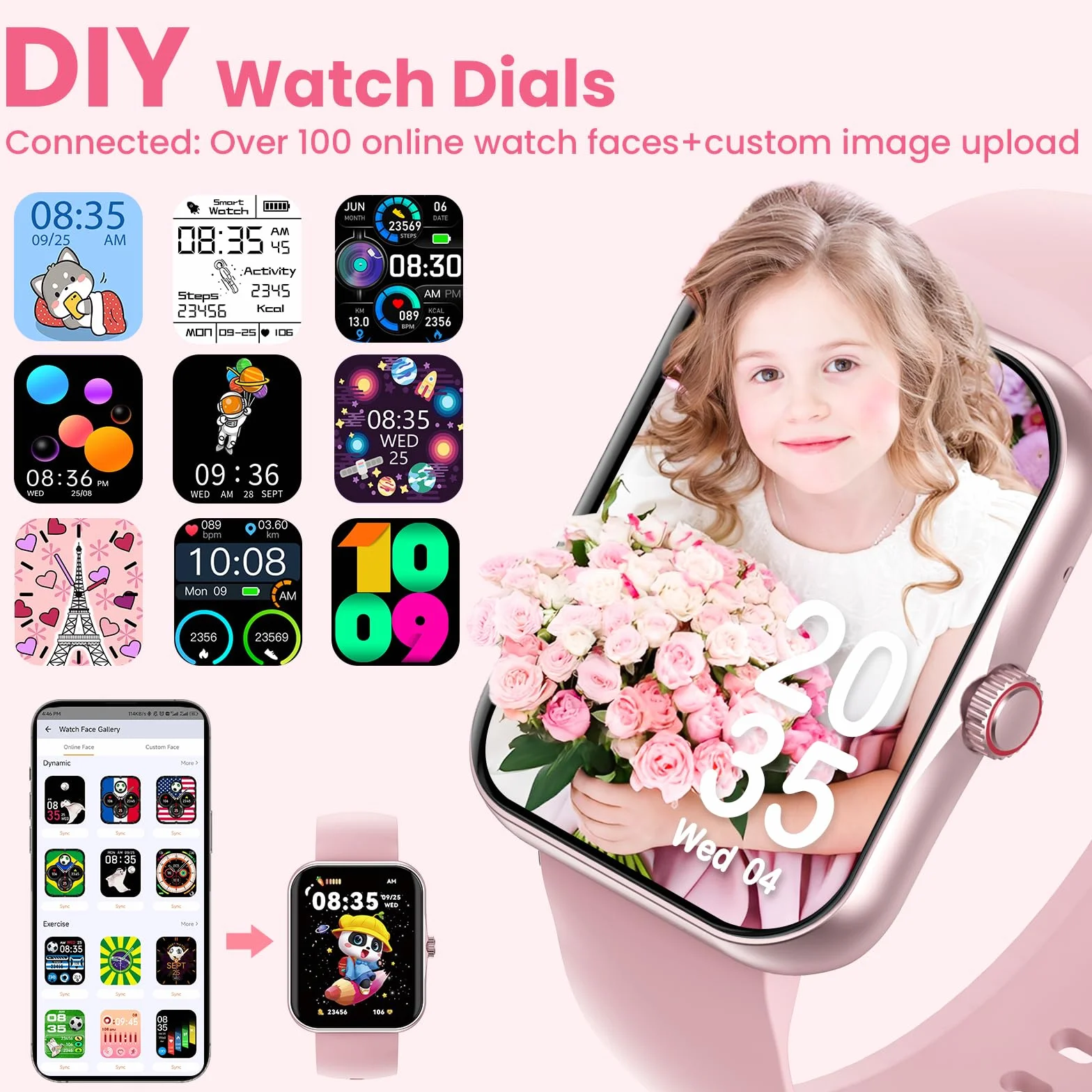 PTHTECHUS Montre Connectée Enfant avec Appel Bluetooth, 1,83" Fitness Tracker pour Garçon Fille 5-16 Ans, 120+ Modes Sport Podomètre Réveil Jeux Étanche IP68 Cadeau Anniversaire, Rose