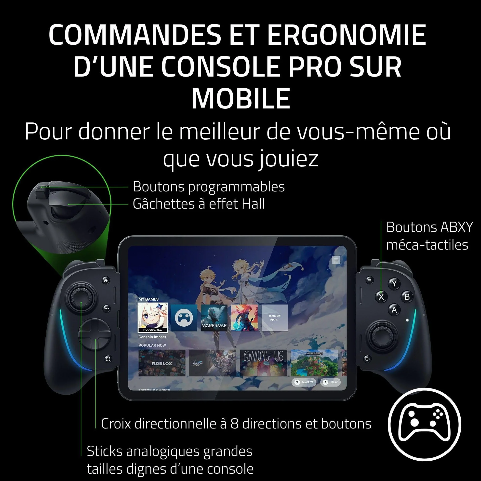 Razer Kishi Ultra - Contrôleur de jeu USB-C pour iPhone, smartphones Android et iPad Mini (haptique Sensa HD, Chroma RGB, chargeur passthrough, boutons Mecha-Touch et D-Pad, jeu mobile) Noir