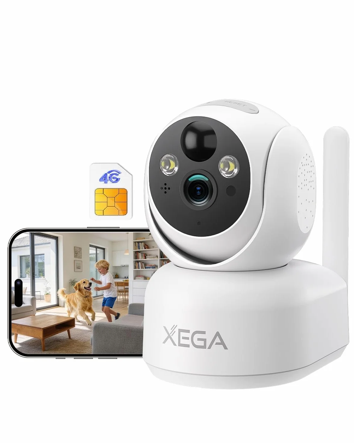 Xega 4G LTE Camera Surveillance Interieure sans Fil avec Carte Sim, 2K Caméra sans WiFi pour Bébé/Animaux, 7800mAh Batteries, PTZ Camera Vision Nocturne, PIR Détection, Audio Bidirectionnel, IP65
