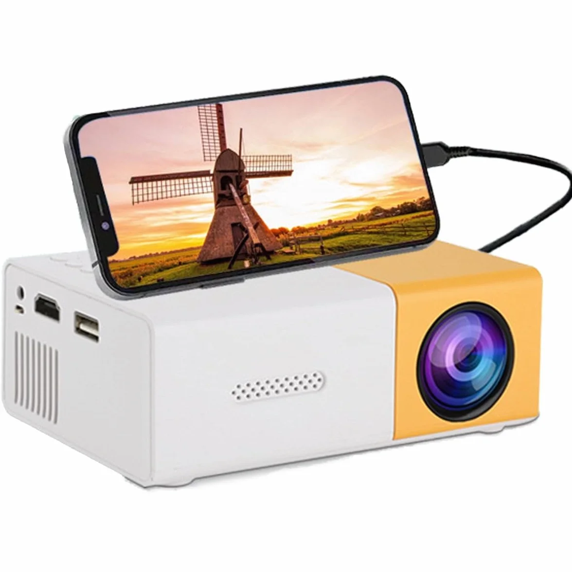 Mini Projecteur Portable 1080P Full HD avec Télécommande HDMI Audio Smartphone Tablette PC TV Stick USB AV Jaune