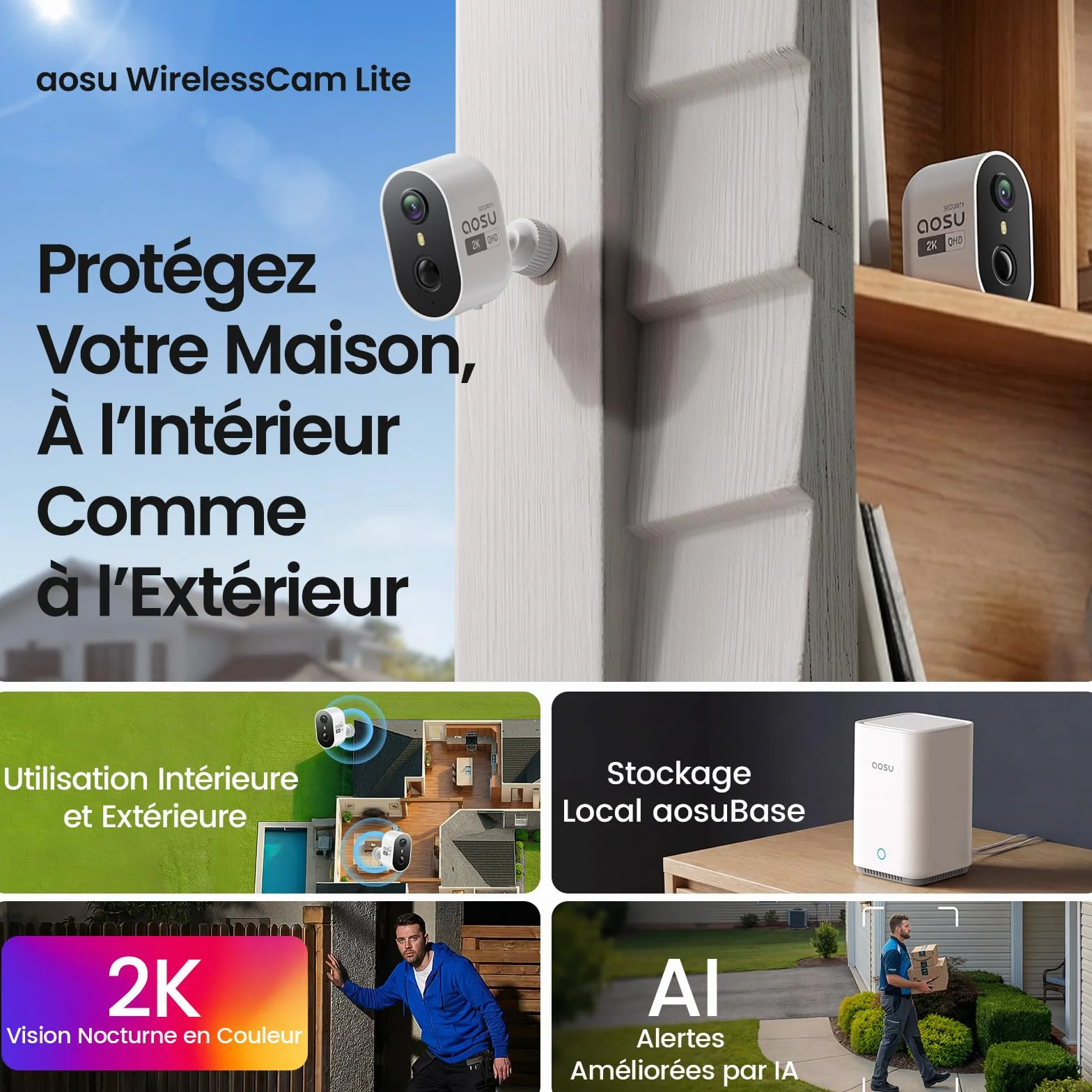 AOSU 2K Caméra Surveillance WiFi Extérieure Intérieur Sans Fil, 4 Cam Kit & 2.0 aosuBase, Sans Abonnement Requis, Extensible à 1 To, AI PIR Détection, Alarme Son et Lumière, Vision Nocturne en Couleur