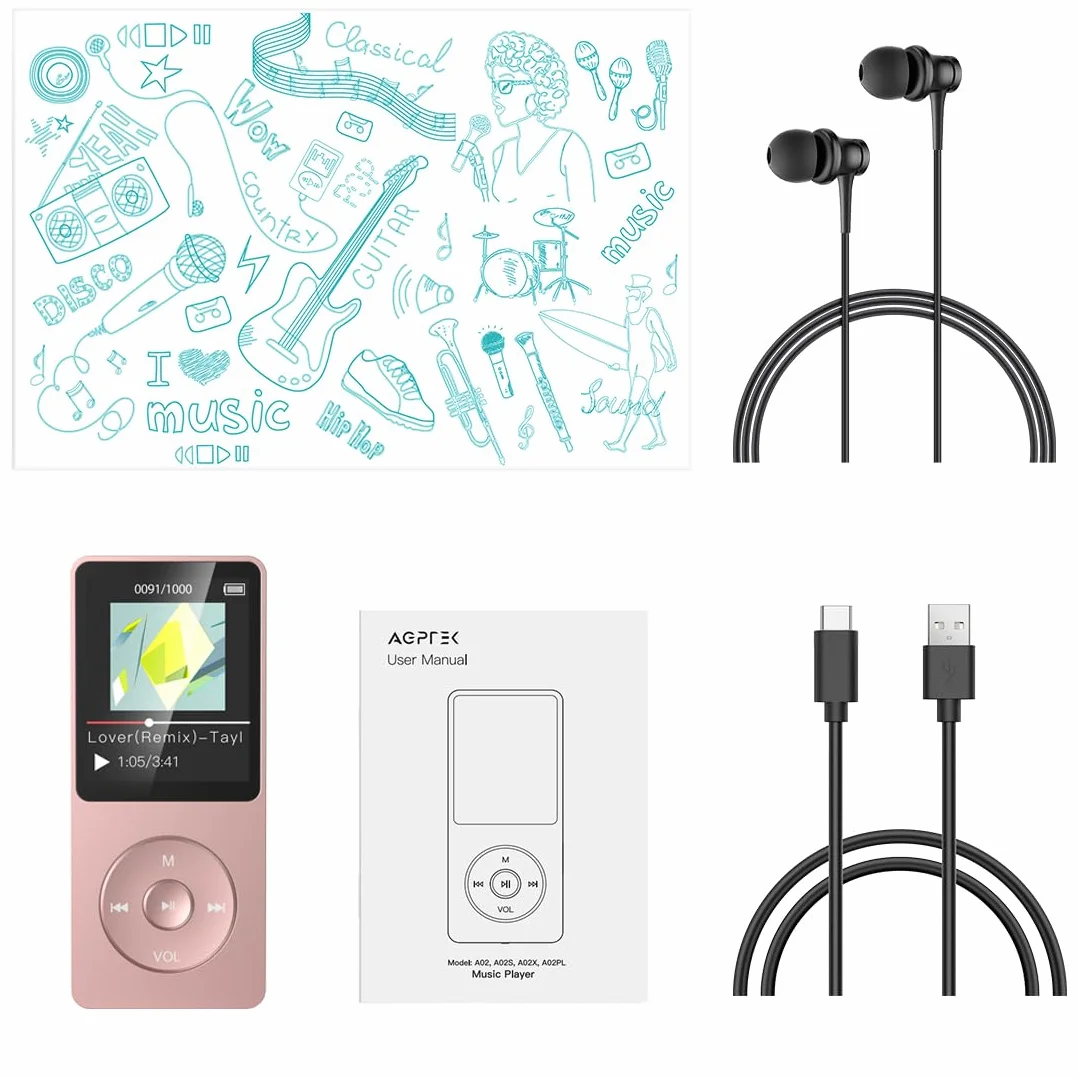 AGPTEK Mp3 Classique 16Go Ultra-Longue Autonomie 70 Heures Lecteur MP3 Sport Ecran 1.8 Pouces Enfant Adulte Or Rose