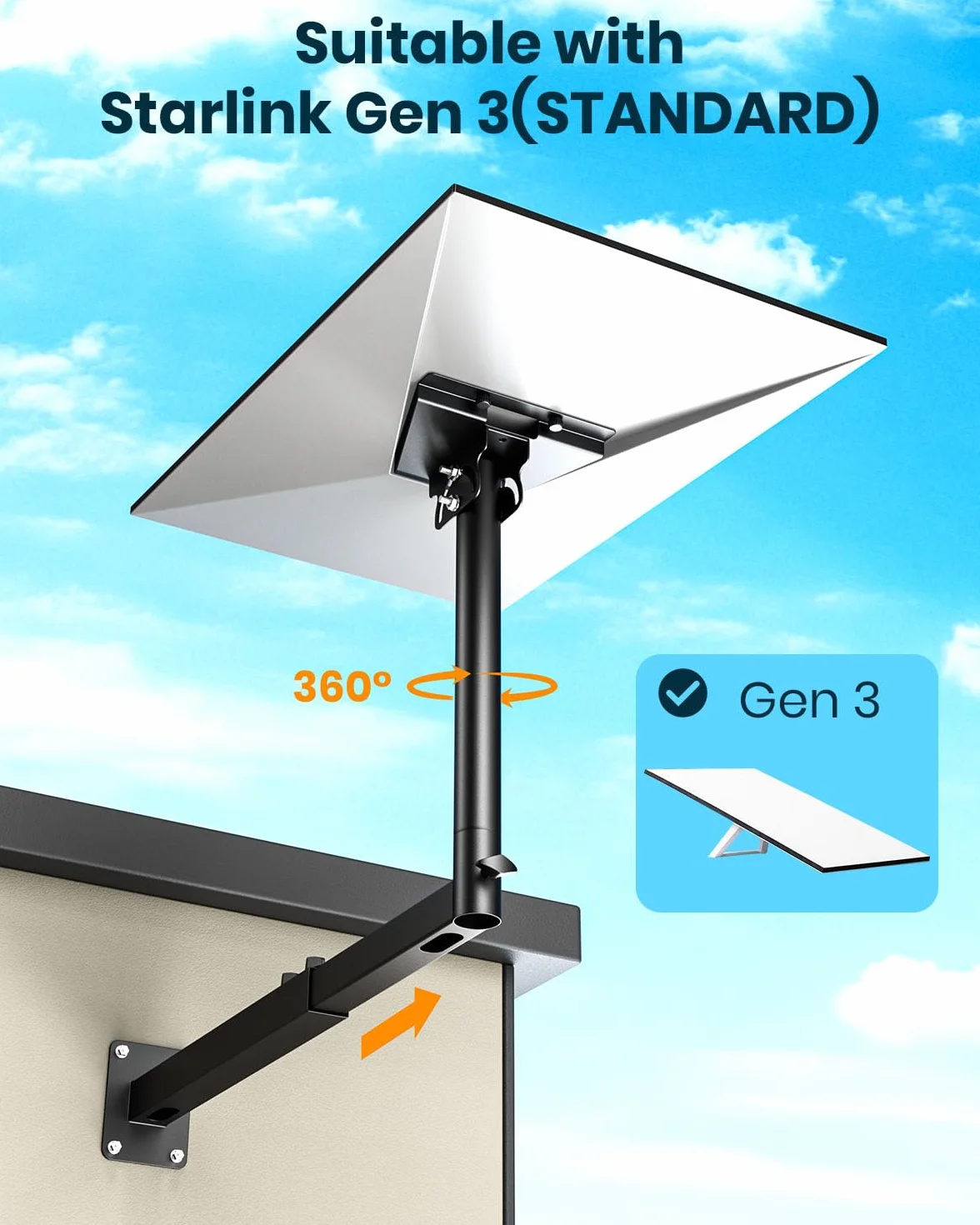 Support Starlink Gen 3 réglable à 360°, Support de mât Starlink avec adaptateur de tube Starlink Gen 3, Kit de montage mural long Starlink