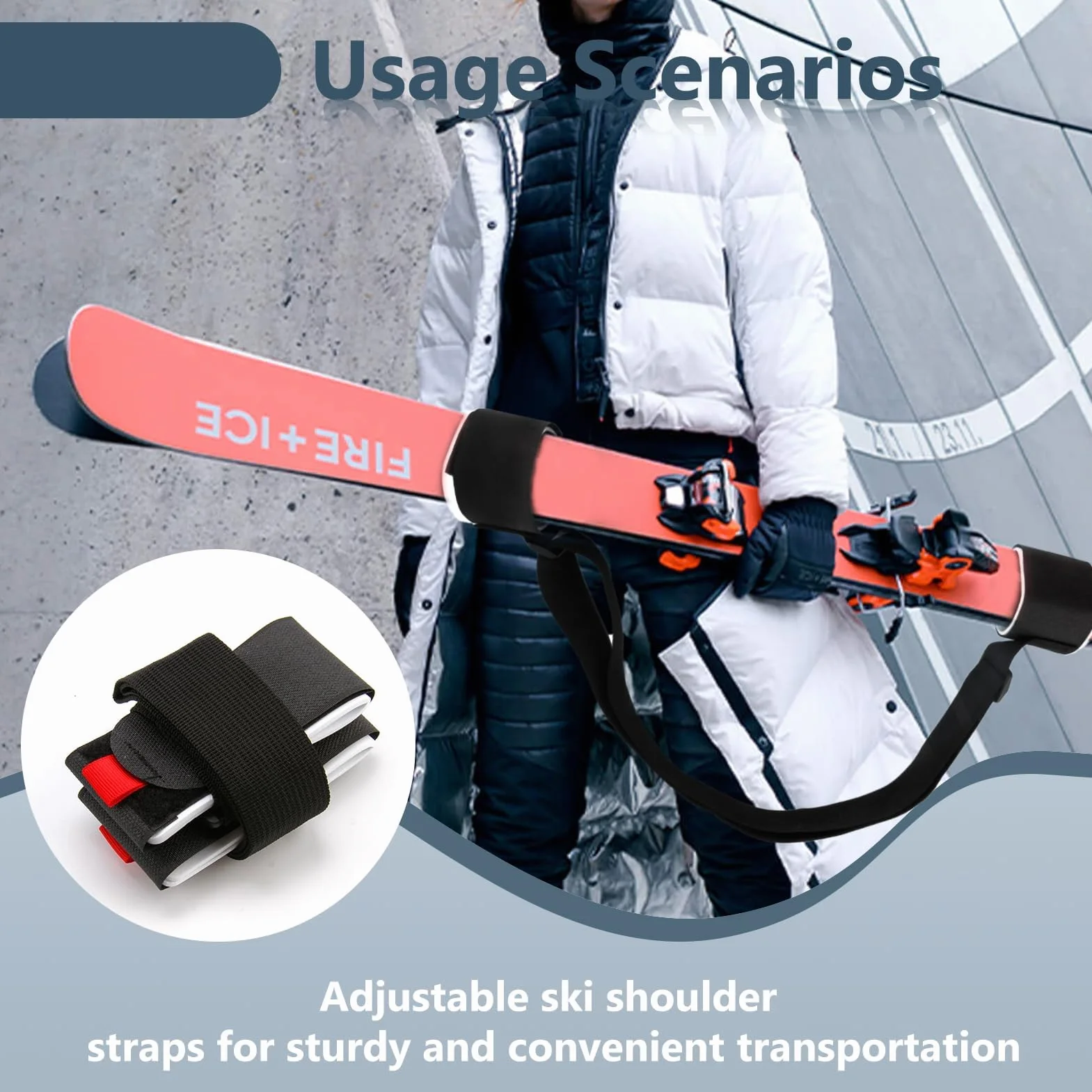 Bandoulière de Ski 2 Pièces, Porte-Épaules Réglable avec Boucle à Ruban Adhésif Rembourré, Noir Matériau Durable