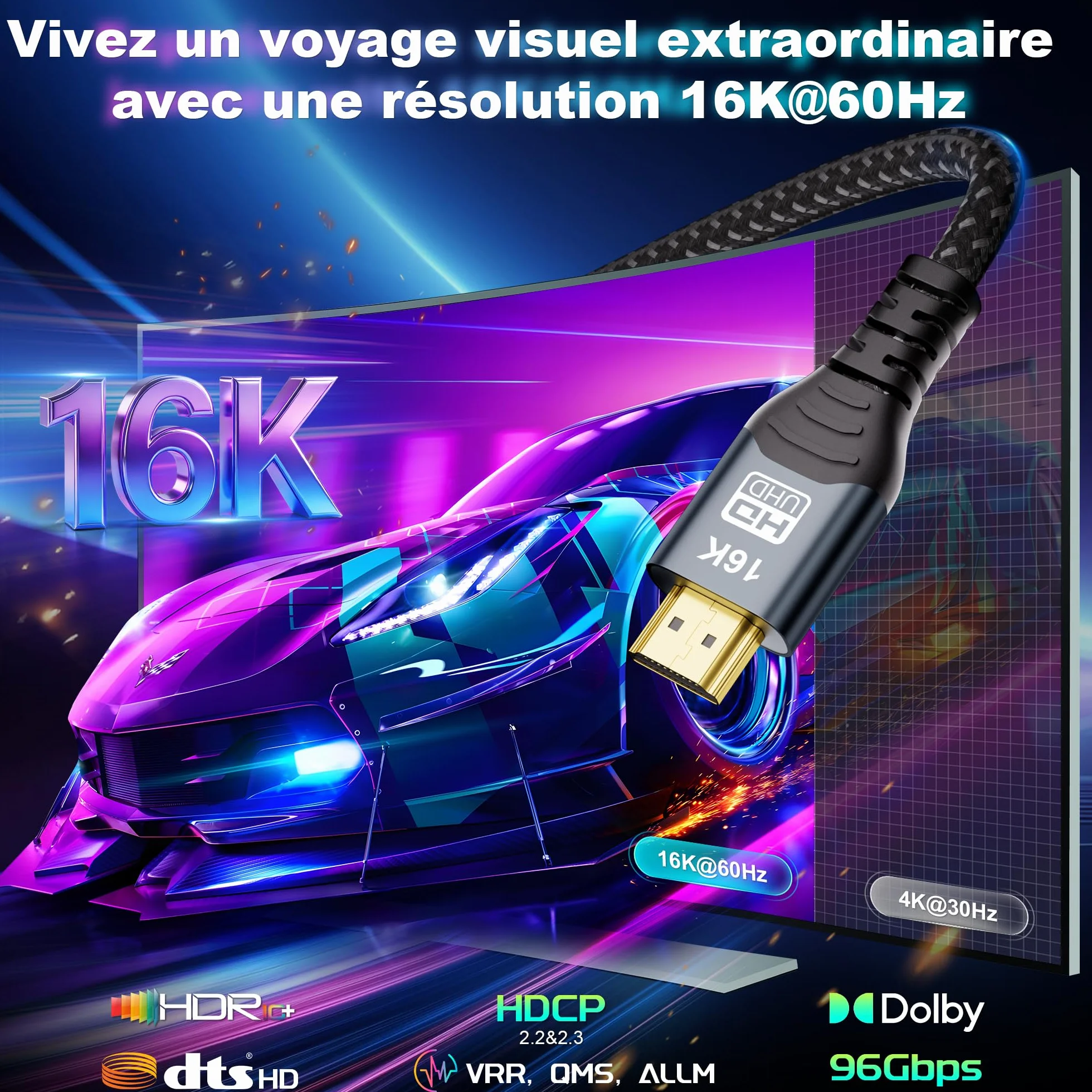 CAKOBLE Câble Prolongateur HDMI 2.2 0.5m, 96Gbps Ultra High Speed,16K@60Hz 8K@240Hz 4K@480Hz,HDMI 2.1,eARC, HDR10+, Dolby Atmos/Vision, HDCP 2.3,Mâle vers Femelle,pour TV PS5 Xbox Moniteur