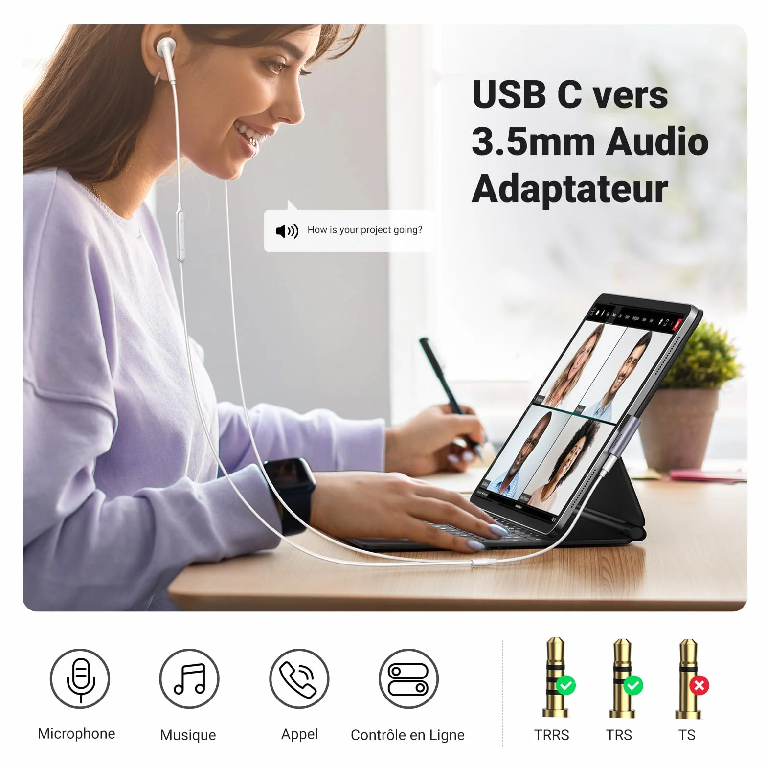 UGREEN Adaptateur USB C vers Jack 3.5mm Micro TRRS Coudé 90° Compatible iPhone 17 Pro Max Air 16 MacBook iPad Pro Air Galaxy S25 S24 Ultra Pixel 9 Audio DAC Gris