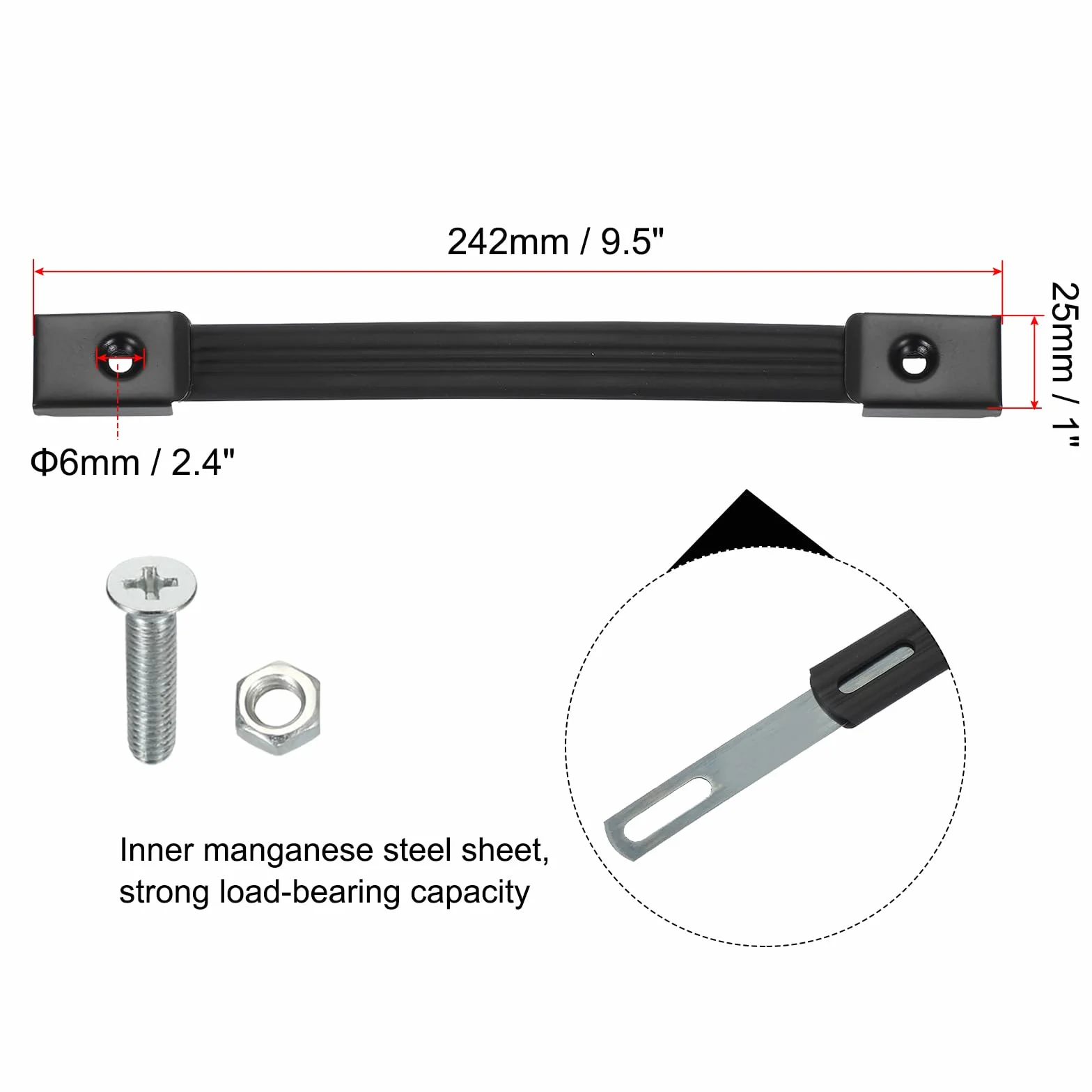PATIKIL Poignée de Remplacement 9,5 Pouces, Poignée de Sangle en Caoutchouc pour Enceintes d'Amplificateurs avec Embouts Métalliques et Accessoires de Fixation, Noir