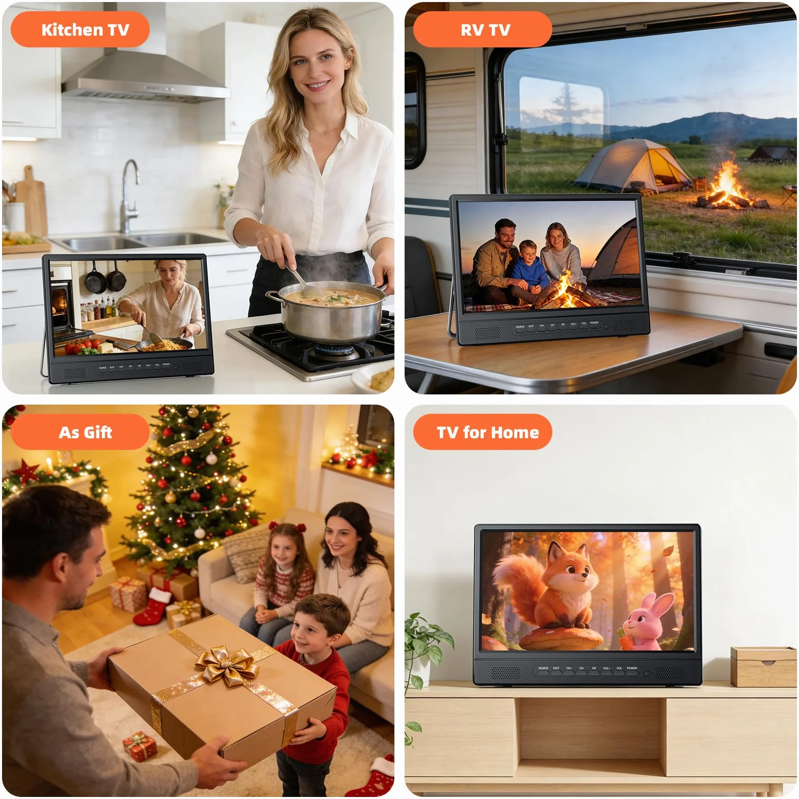 Desobry Télévision Portable 12 Pouces Smart TV Android DVB-T2 HDMI USB AV Casque Pied Rotatif 180°