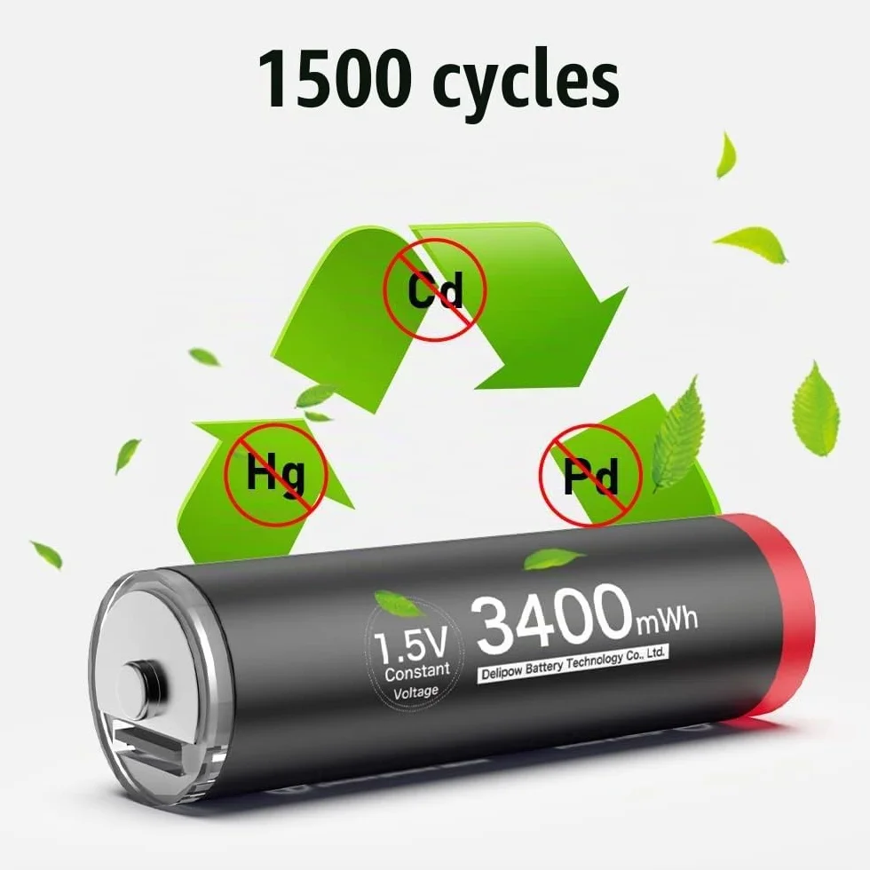 Piles Rechargeables AA 1,5V Lithium 3400mWh USB C 4 Pièces 1500 Cycles
