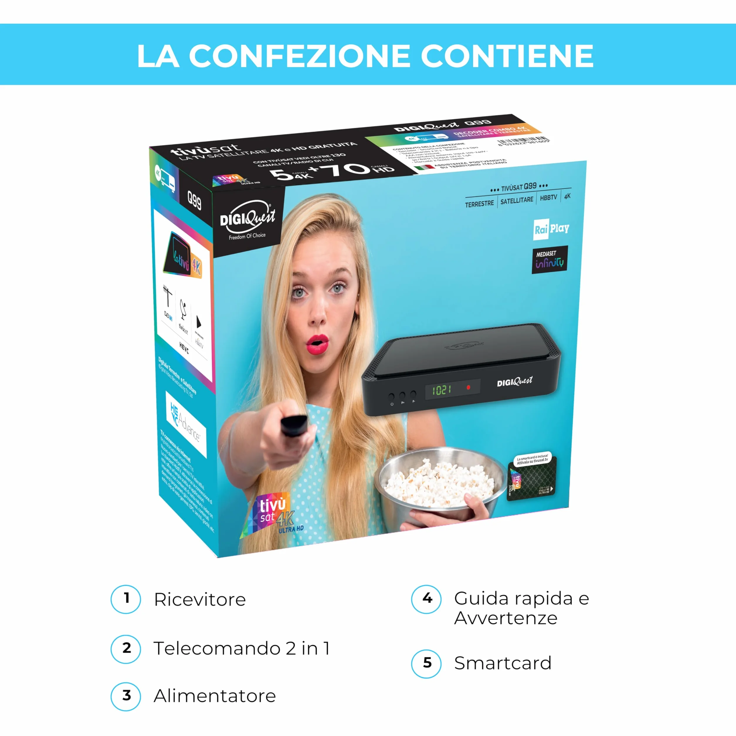 DIGIQUEST Décodeur tivùsat Combo 4K Q99 Satellite Terrestre HbbTV HEVC Main 10 Enregistrement Télécommande Smartcard Merlin