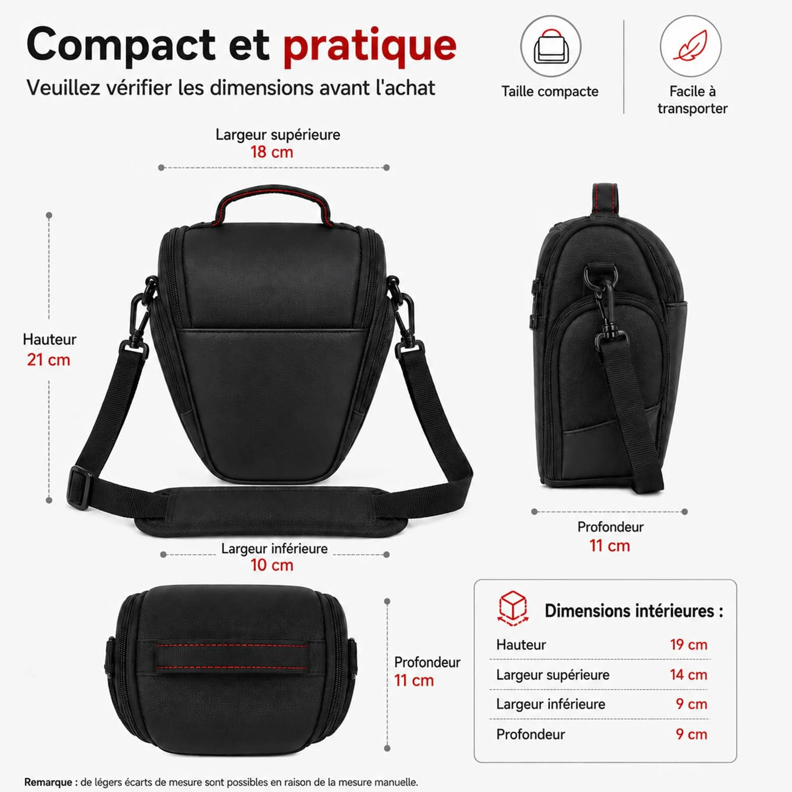 Sac Appareil Photo Noir 21x18x11 cm Sacoche Compacte pour Hybride Numérique Reflex DSLR SLR Bandoulière Amovible Réglable