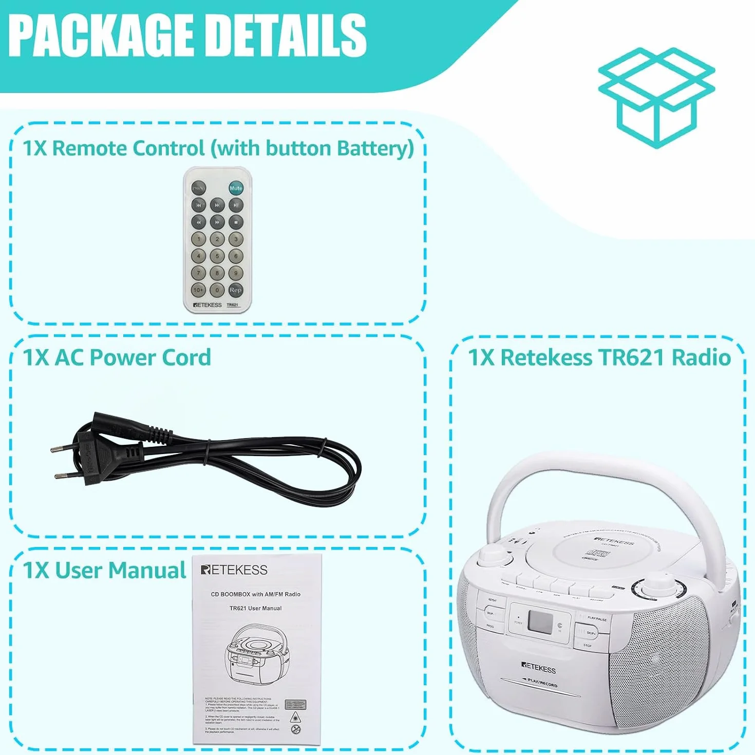 Retekess TR621 Poste Radio CD Lecteur Cassette Audio Boombox Stereo Enregistrement Télécommande USB TF Casque Radio Portable Blanc