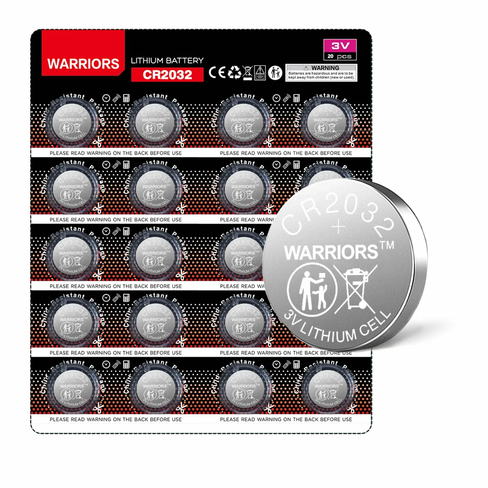 Warriors 20X Pile Piles 2032 CR2032 Bouton 3V, Capacité 240 mAh, Emballage à l'épreuve des Enfants, pour appareils Smart Home, clés de Voiture (20 Pack)