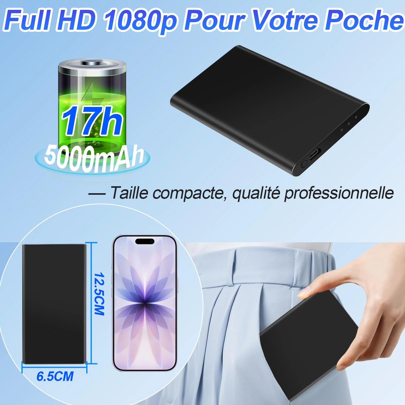 Caméra Espion Power Bank, Double Fonction 1080P HD Caméra Cachée Power Bank, Batterie 5000 mAh pour 17 Heures D'enregistrement avec Câble USB 3-en-1