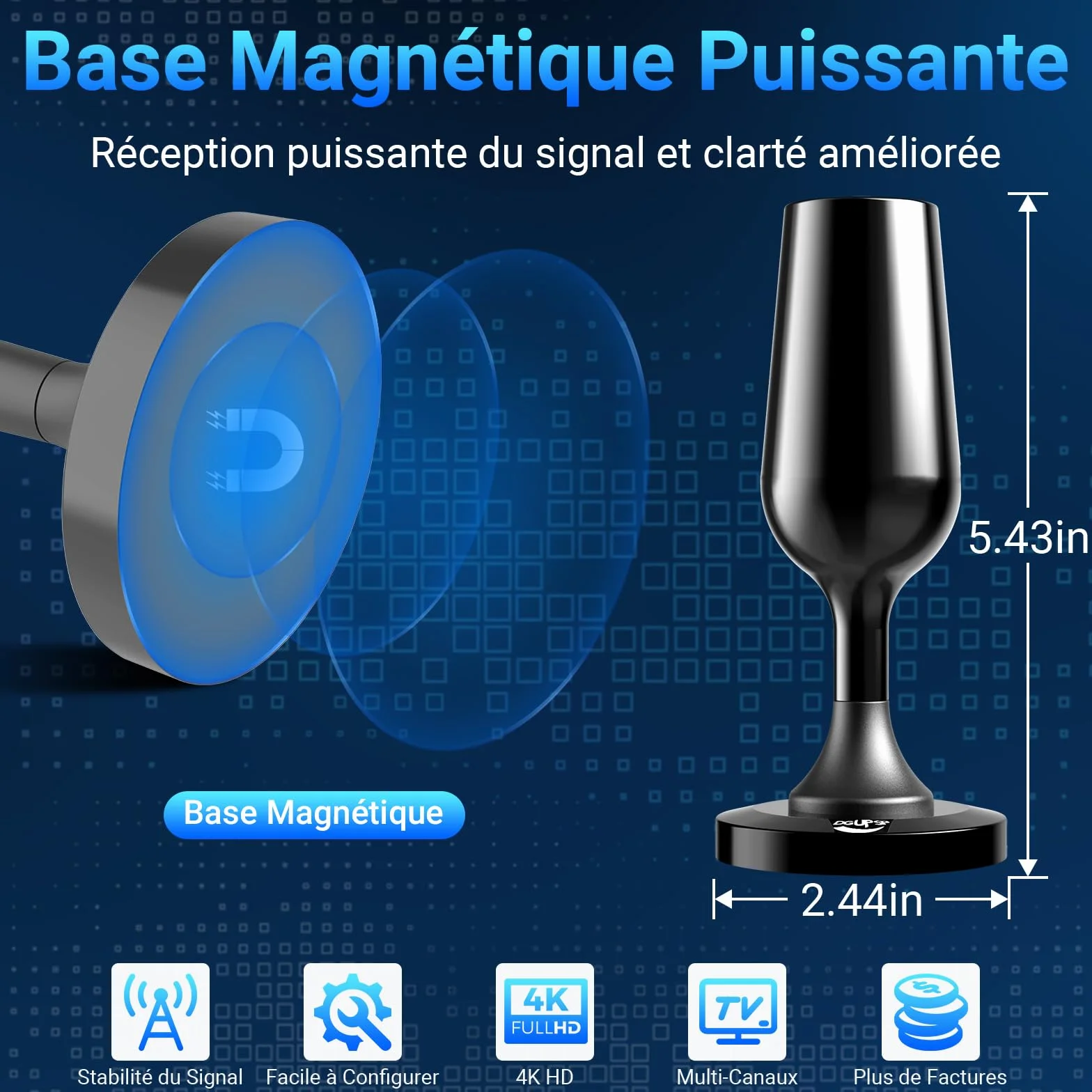 Antenne TV Intérieure Puissante TNT HD, 2026 Le Plus récent Antenne TV Intérieur avec Amplificateur de Signal à Gain Élevé, Réception Longue Portée à 360° avec Base Magnétique