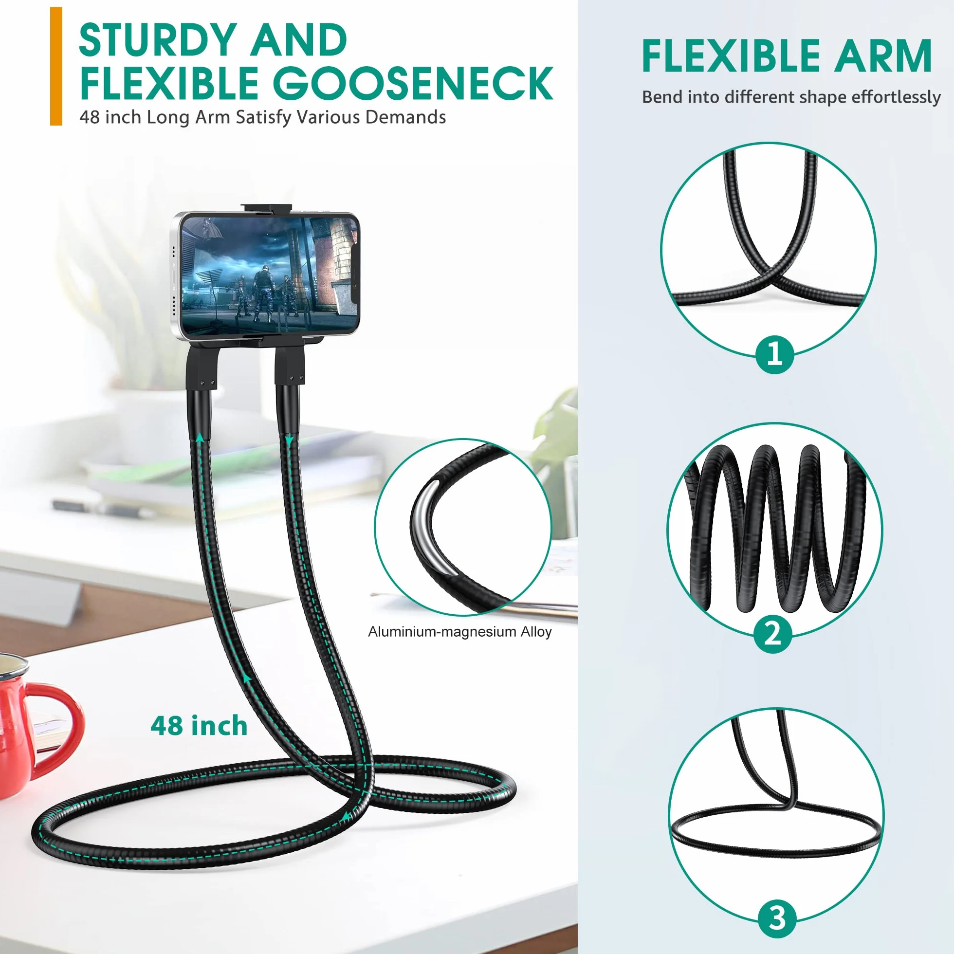 Support Telephone, Universelle Lit Support Téléphone Portable Cou 360° Porte Telephone Bureau avec Flexible Bras Long Multifonction Support Smartphone pour iPhone 13 12 11 Pro XS Max Galaxy S20