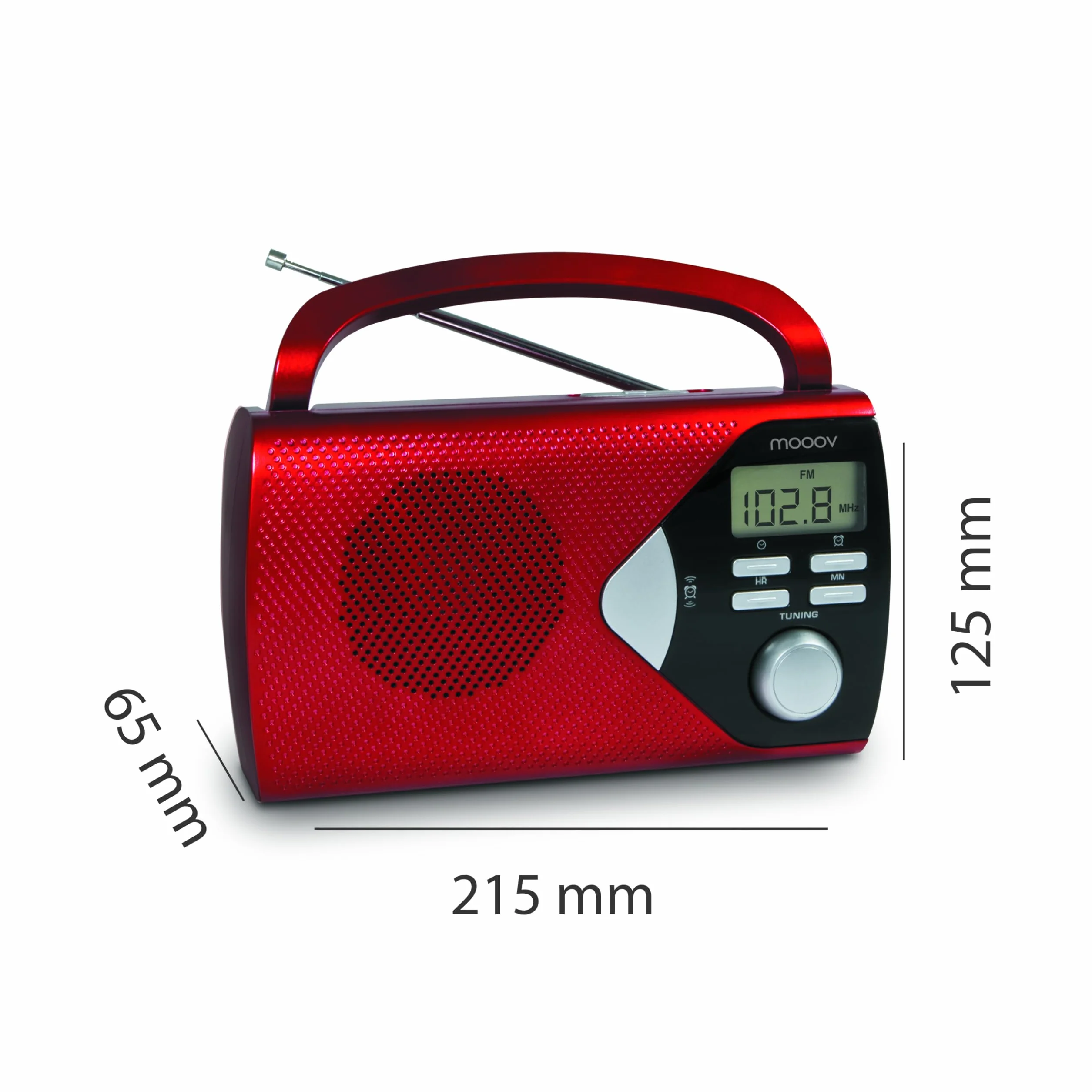 MOOOV 477201 Radio Portable à Pile FM/AM, Tuner Affichage Digital, Poste avec Poignée de Transport Rabattable, Facile d'Utilisation, Fonction Heure & Alarme, Secteur ou Piles - Rouge