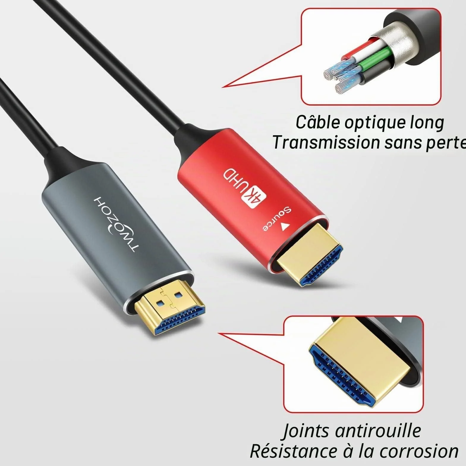 Twozoh Câble Fibre Optique HDMI 20M, Câble HDMI Fibre Optical 4K Supporte 3D/4K@60Hz /18Gbps