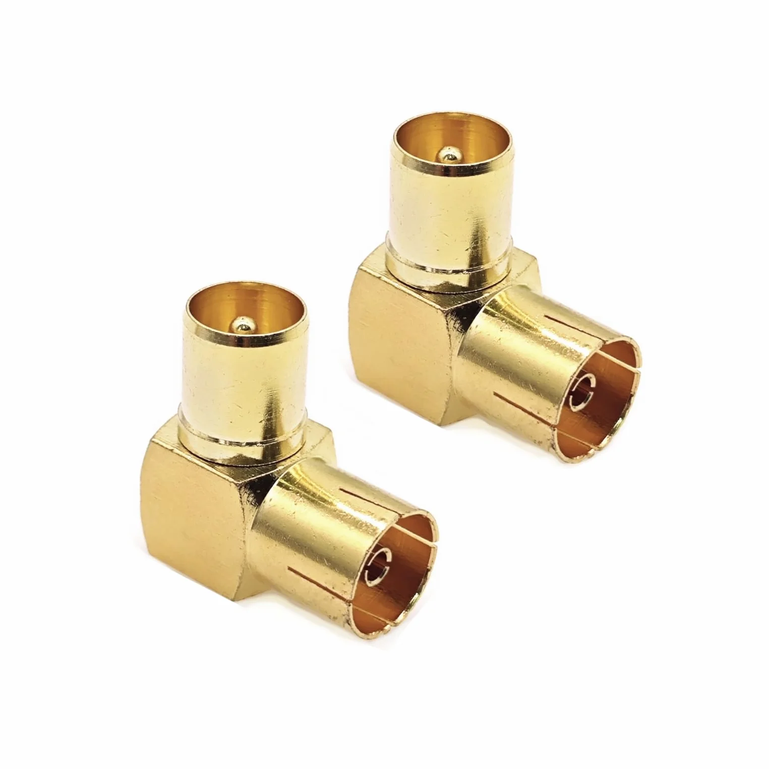 JZK 2X Adaptateur coaxial PAL mâle vers Femelle, plaqué Or, coudé à 90°, Compatible avec antennes, câbles Satellites, câbles TV, DVB-T et DVB-T2 HD