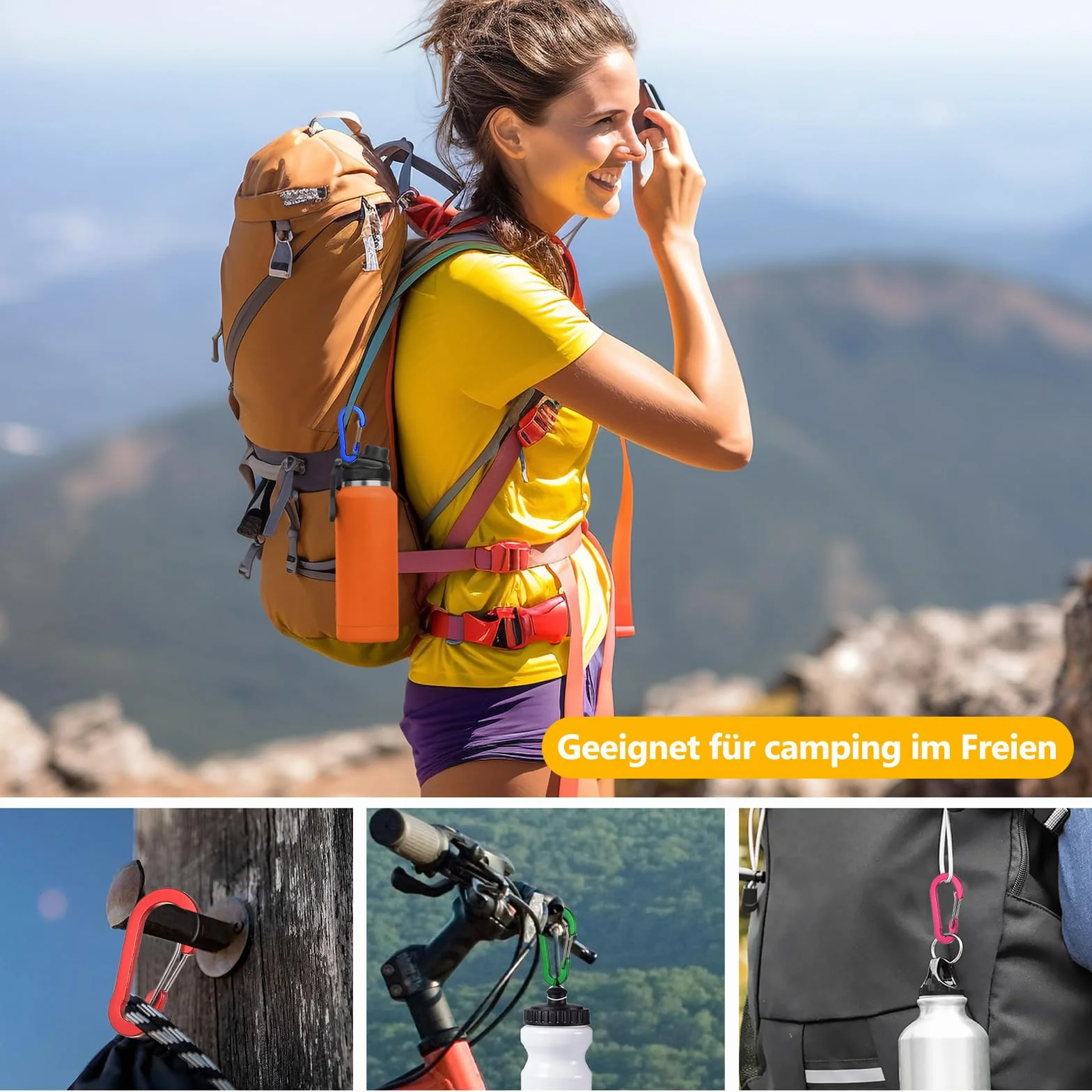 Mousquetons en Aluminium Colorés Porte-clés avec Anneau pour Randonnée Sac à Dos Pêche Camping 10 Pièces