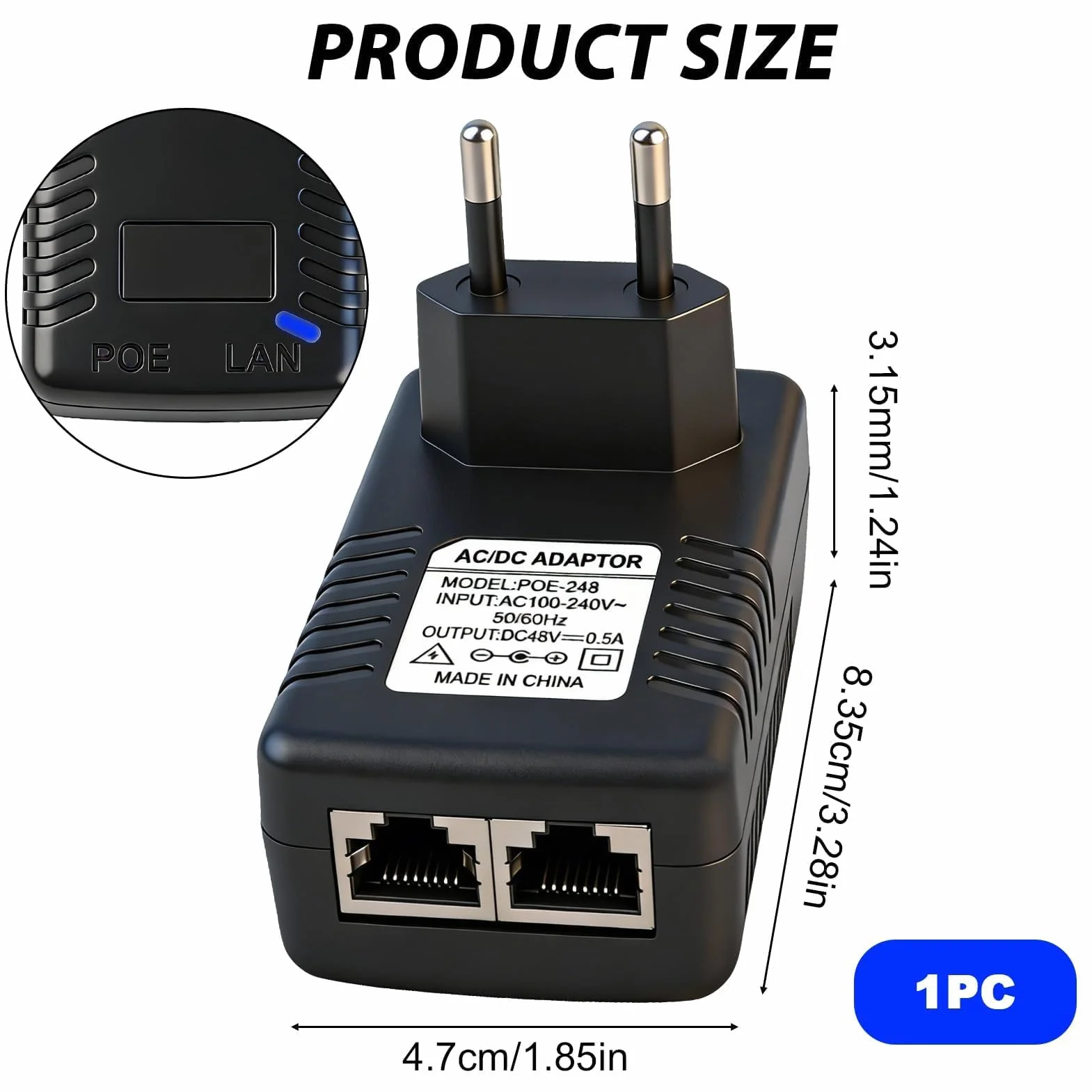 48V 0.5A PoE Adaptateur Injecteur Ethernet, 24W Adaptateur d’Alimentation Ethernet avec Débit 100Mbps et Voyant LED, 48V PoE Injecteur Mural avec Prise EU, pour Caméra IP AP WiFi Téléphone VoIP