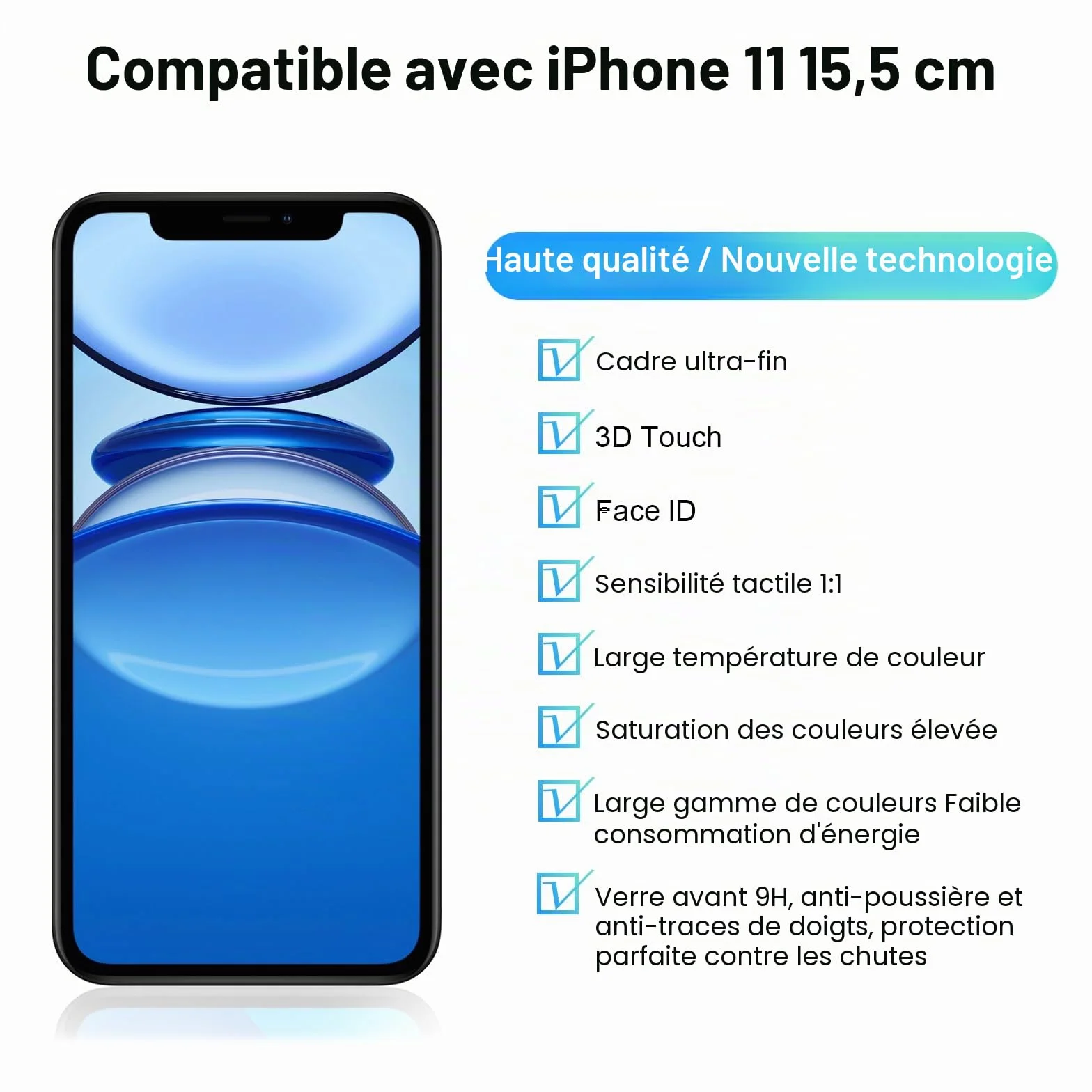 DTD Écran LCD pour iPhone 11, 3D Touch Remplacement Verre Digitizer Pièces 6,1 Pouces de Rechange, Compatible avec modèle A2111, A2221, A2223 (Remarque : écran LCD Uniquement)