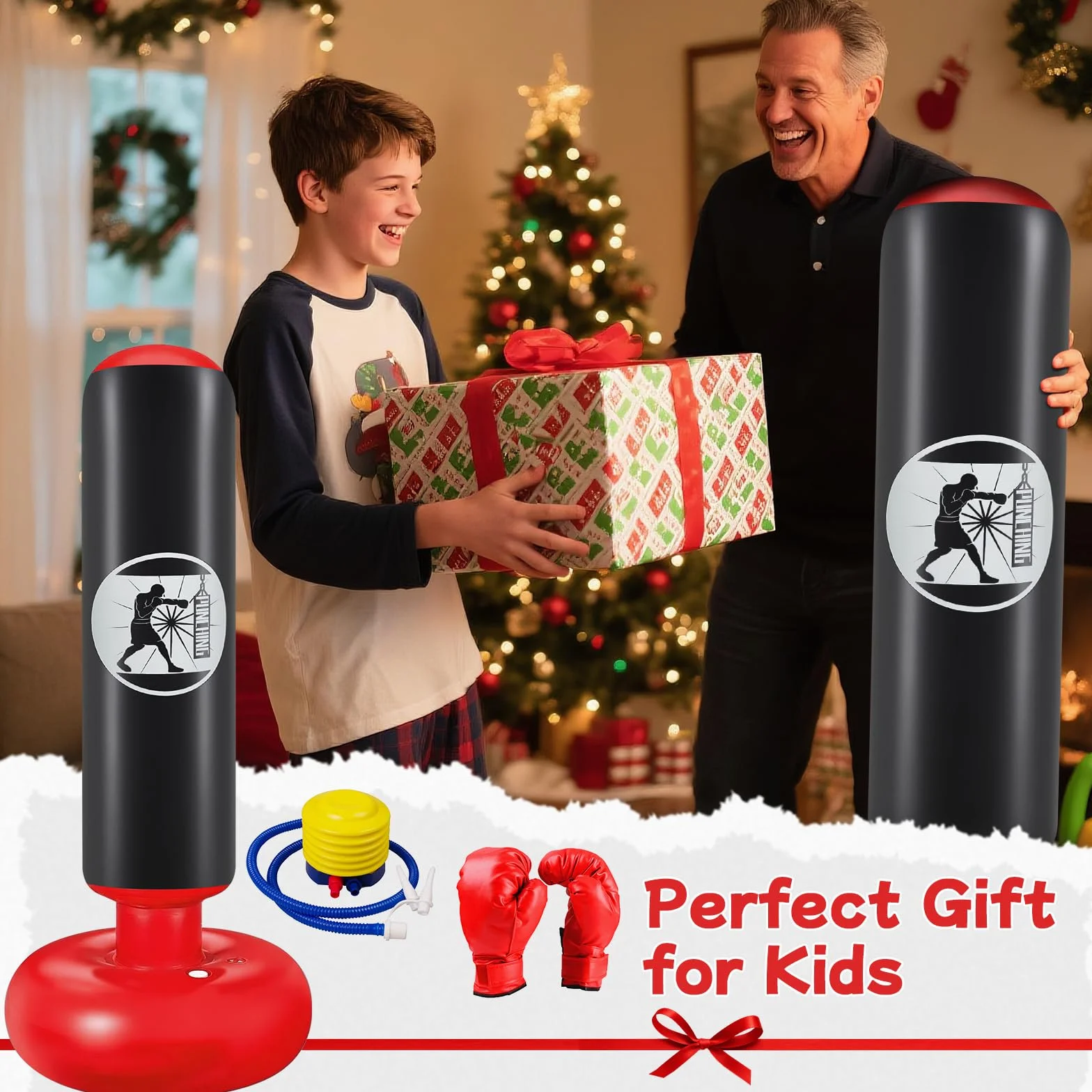 Ninonly Sac de Boxe Enfant 160cm Gonflable avec Pompe et Gants, Set Punching Ball Cadeau 3-12 Ans