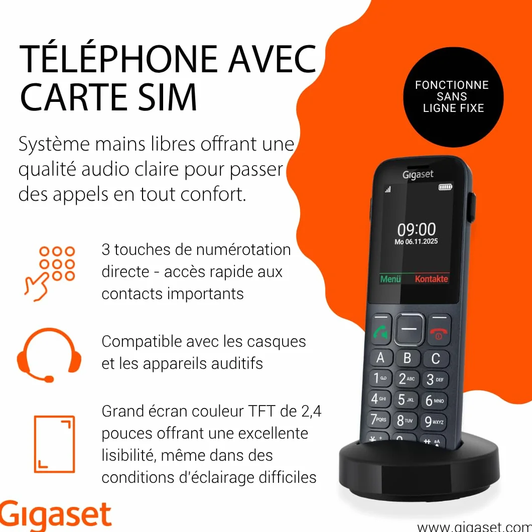 Gigaset Comfort 600 SIM Téléphone 4G Volte HD écran Couleur 2,4 Pouces Bluetooth 5.0 Compatible appareils auditifs Grande mémoire 500 Contacts Anthracite