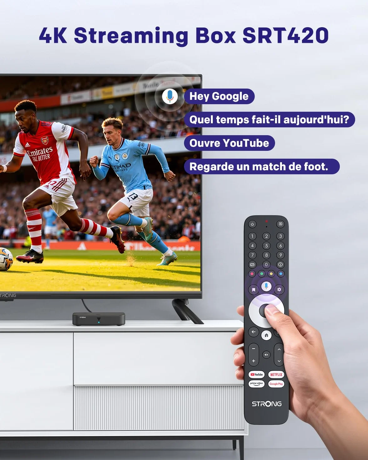 STRONG SRT420 Streaming Box Android TV 4K avec Port Ethernet, DVB-T2, 2GB RAM + 8GB Stockage, Chromecast Intégré, WiFi, Assistant Google Vocal, HDR10+