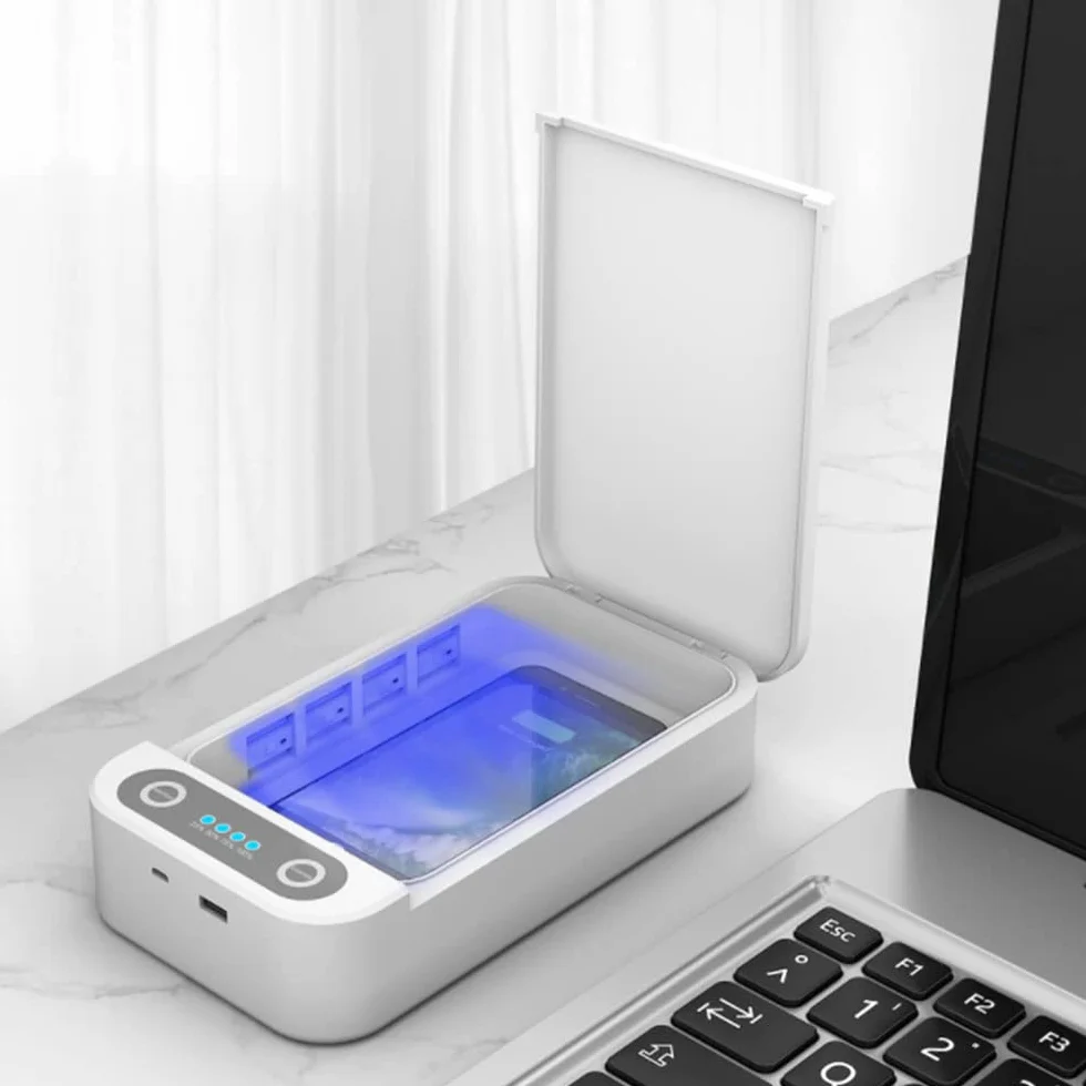 TopHomer Boîte désinfectante à lumière UV, multifonction pour téléphone portable, clés, masque, fonction d'aromathérapie, chargement USB, blanc